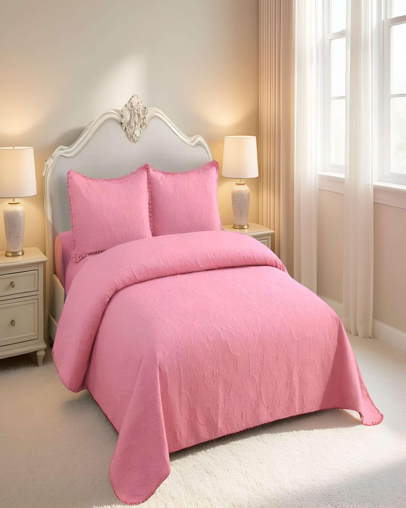 CUBRECAMA QUILT DE VERANO KING CON POMPON COLOR ROSADO-3