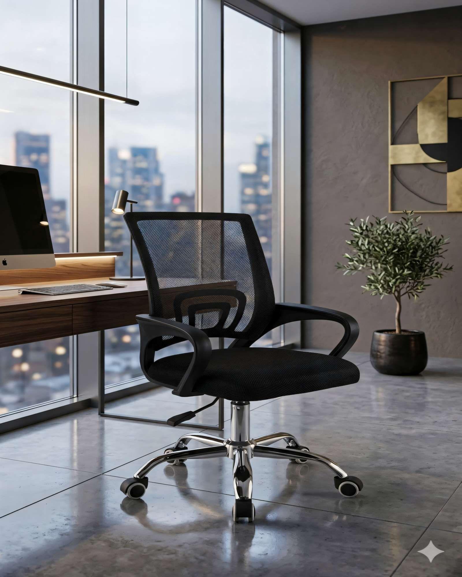 SILLA DE OFICINA CON BASE CROMADA COLOR NEGRO -3