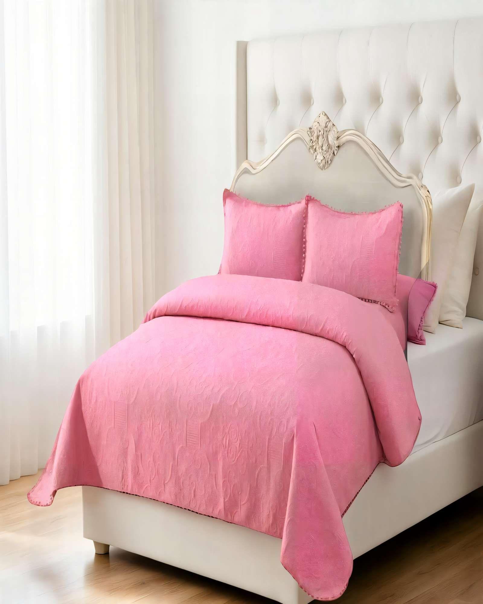 CUBRECAMA QUILT DE VERANO 2 PLAZAS CON POMPON COLOR ROSADO-3