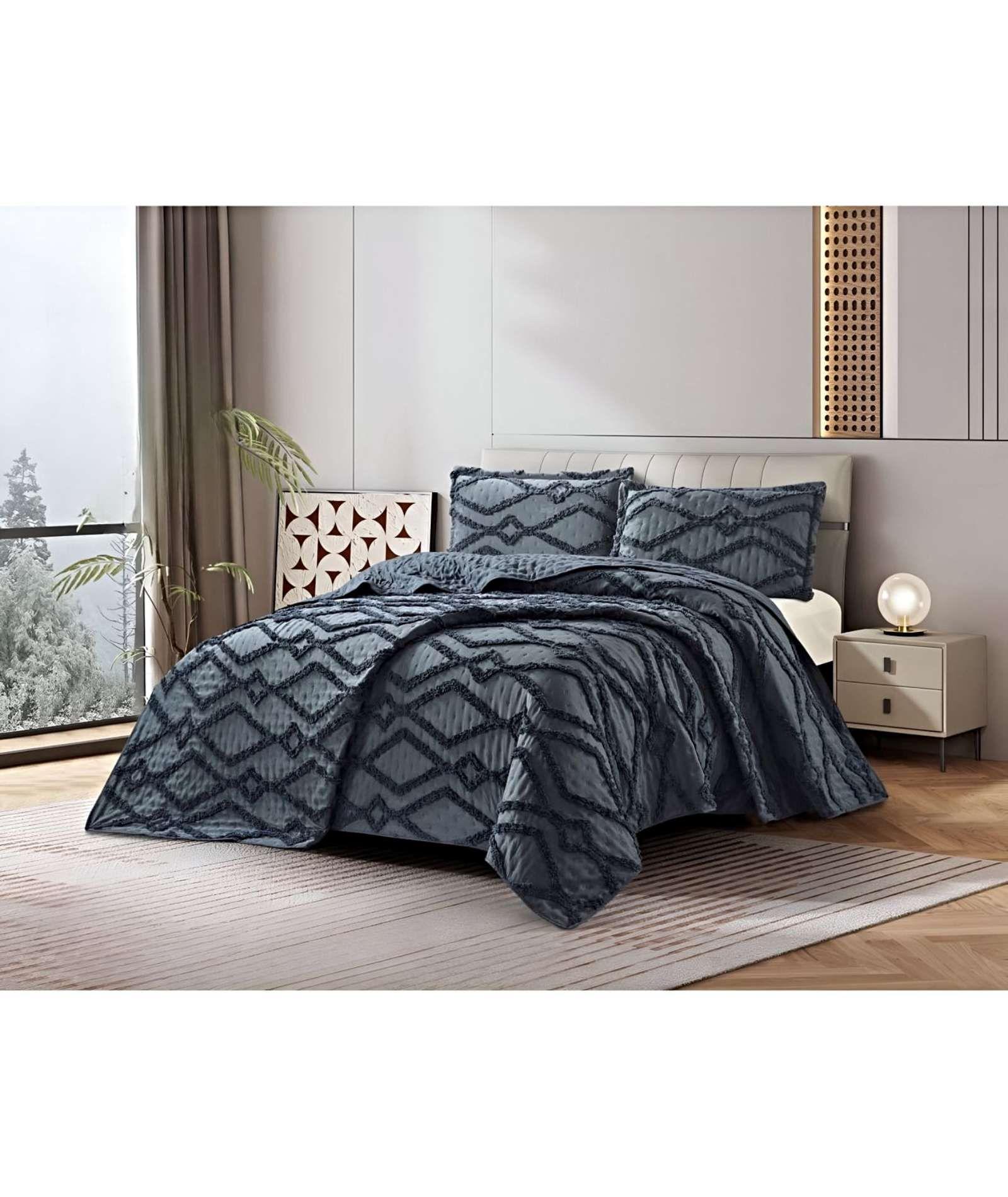 CUBRECAMA QUILT CON DISEÑO GEOMETRICO RELIEVE 2 PLAZAS NEGRO-3