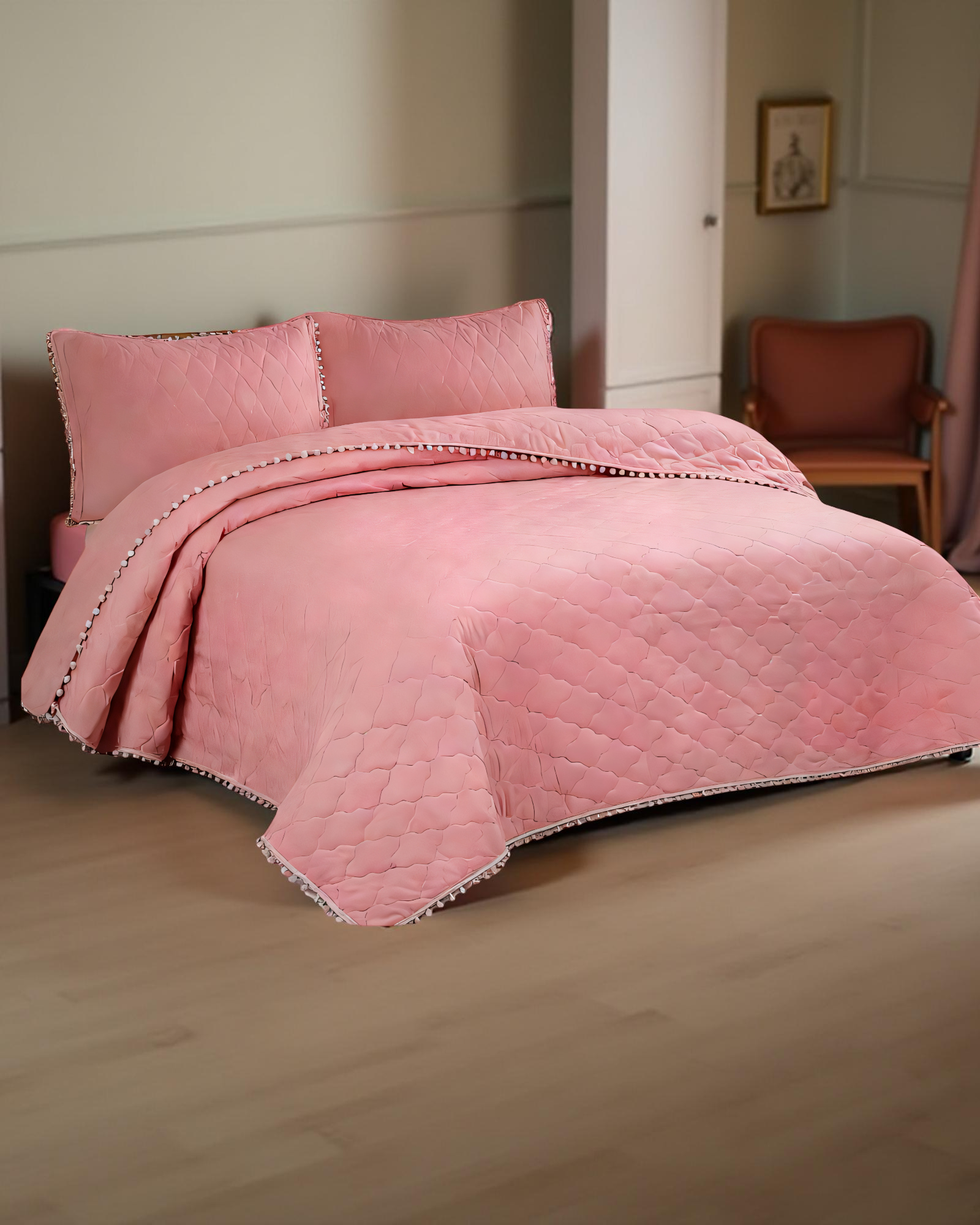 CUBRECAMA CON DETALLES DE POMPONES KING COLOR ROSADO OSCURO-2