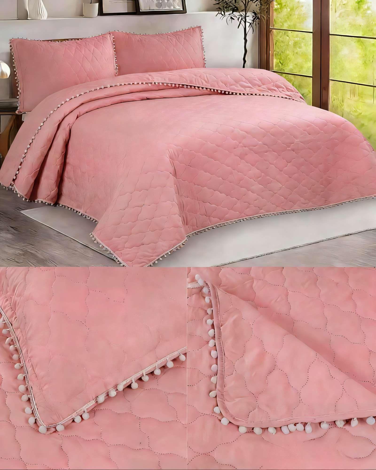 CUBRECAMA CON DETALLES DE POMPONES KING COLOR ROSADO OSCURO-3
