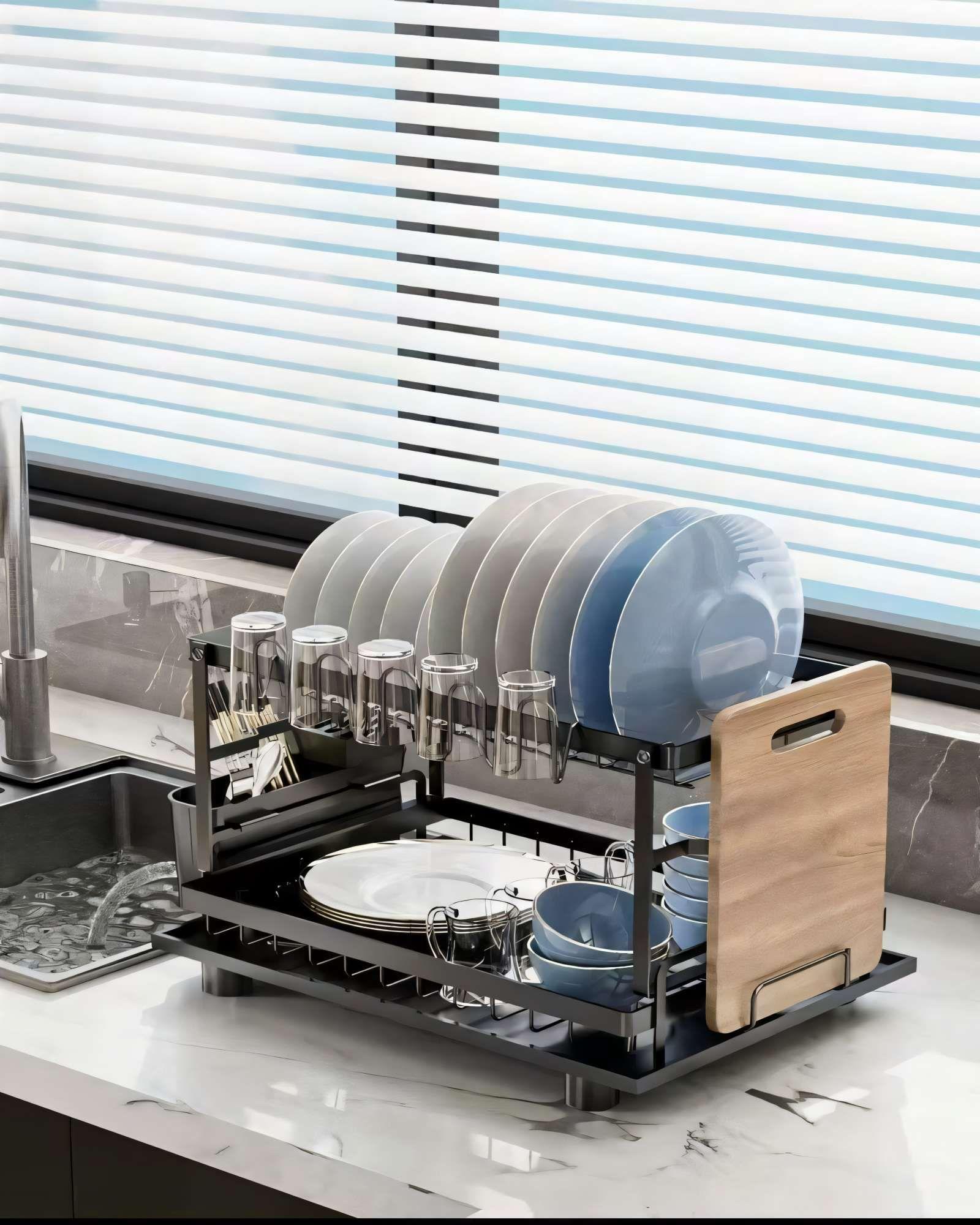 ESCURRIDOR 2 NIVELES DE ACERO INOXIDABLE CON SOPORTE PARA TABLAS Y CUBIERTOS COLOR NEGRO -2