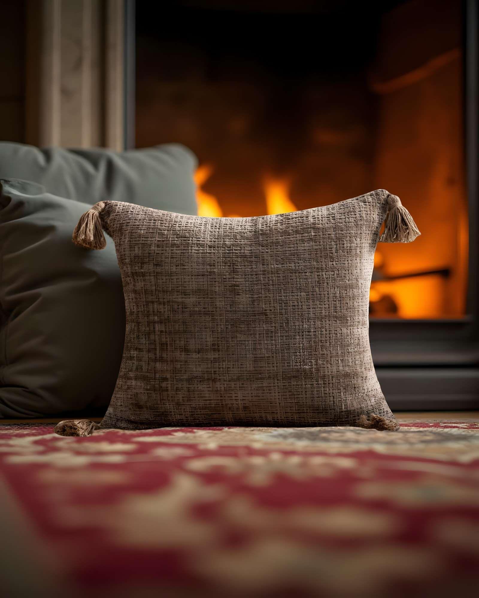 SET DE 4 FUNDAS DE COJIN CHENILLE CON BORLAS 45X45 CAFÉ-2