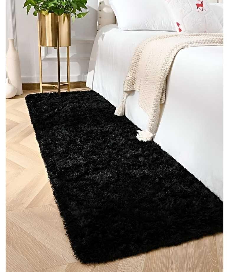 Juego por 2 Alfombra pasillera peluda liviana 70x150 ultra suave NEGRO-2