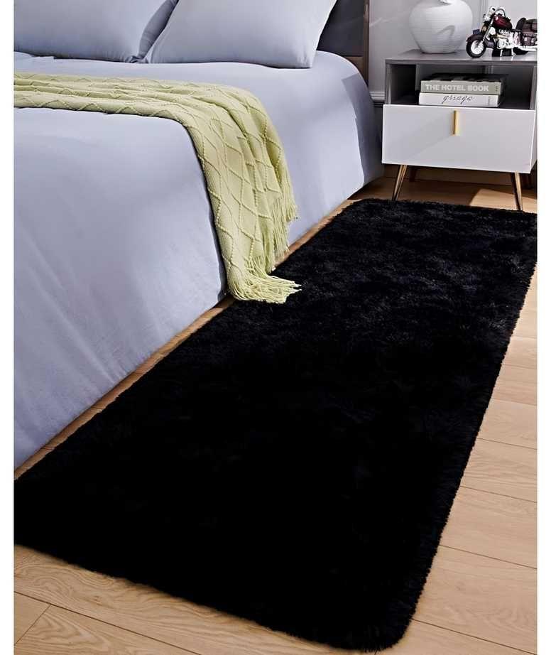 Juego por 2 Alfombra pasillera peluda liviana 70x150 ultra suave NEGRO-3