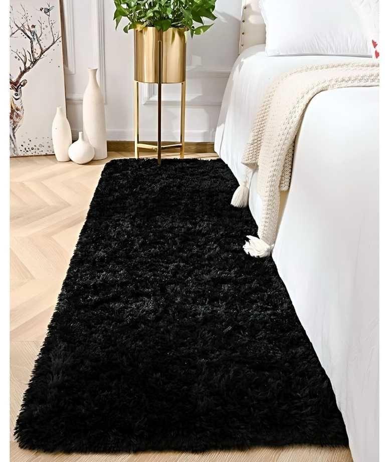 Juego por 2 Alfombra pasillera peluda liviana 70x150 ultra suave NEGRO-4