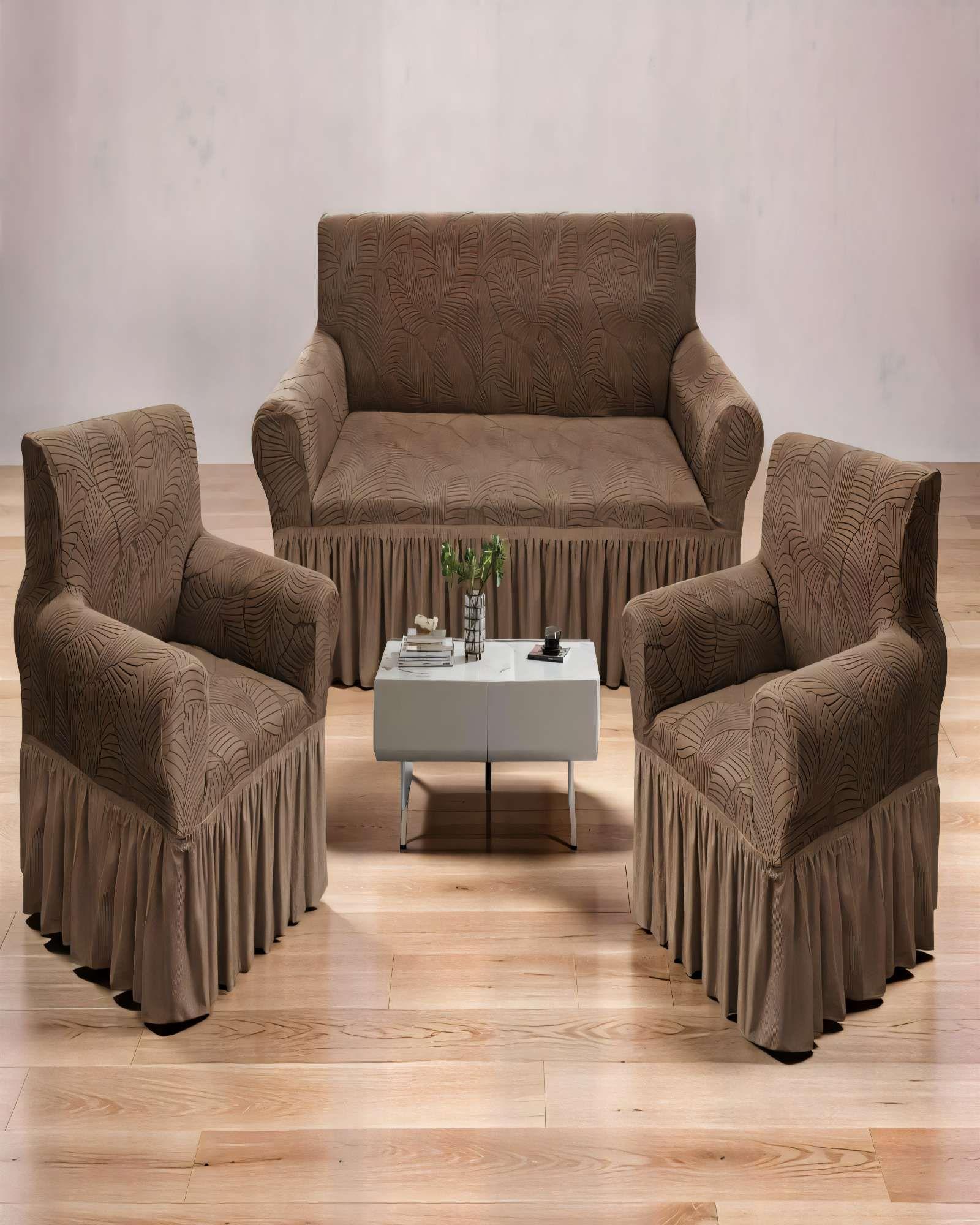 SET DE FUNDAS DE SOFA 3+1+1 CON DISEÑO EN FORMA DE HOJA CON VELO 3-1-1 COLOR CAFÉ -2