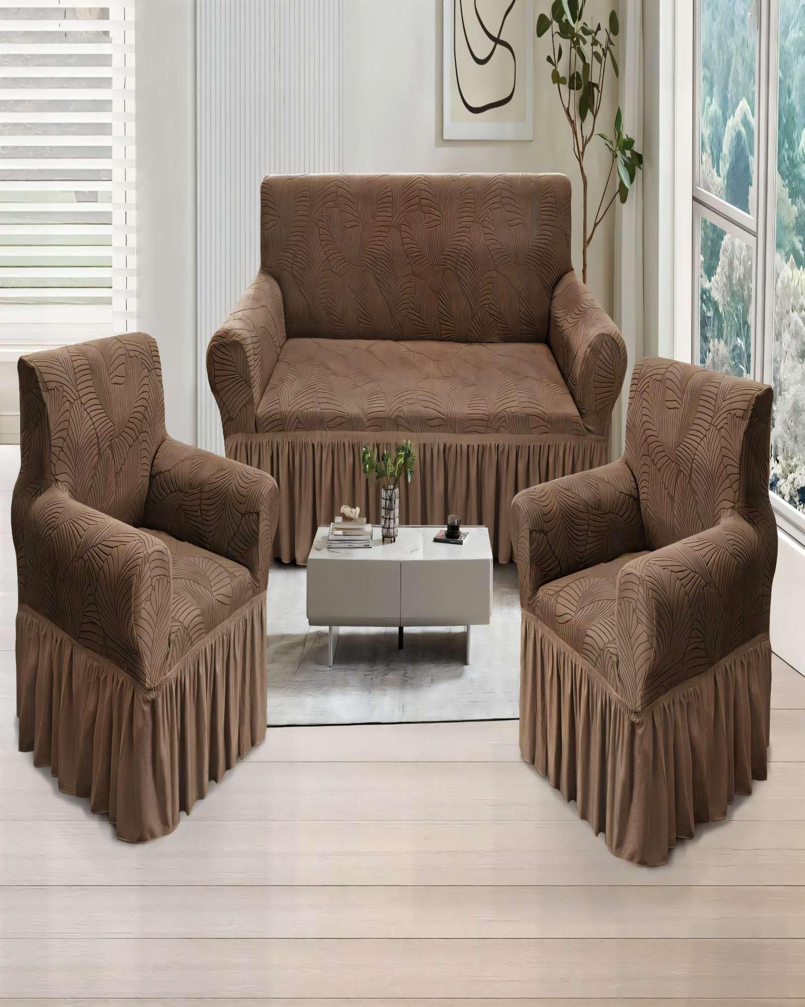 SET DE FUNDAS DE SOFA 3+1+1 CON DISEÑO EN FORMA DE HOJA CON VELO 3-1-1 COLOR CAFÉ -3