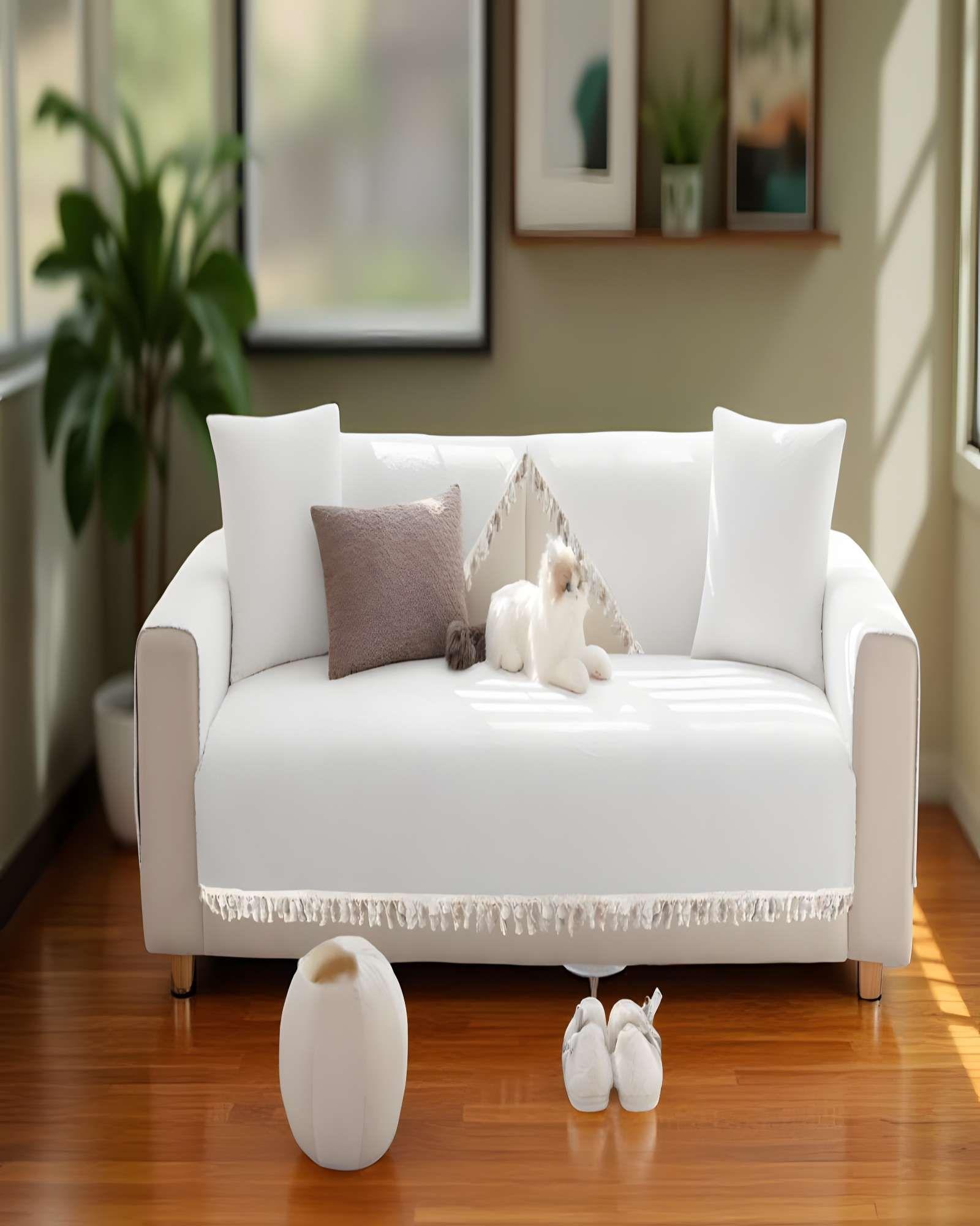 FUNDA PARA SOFA DE 5 PIEZAS CON FLECOS BLANCO-3