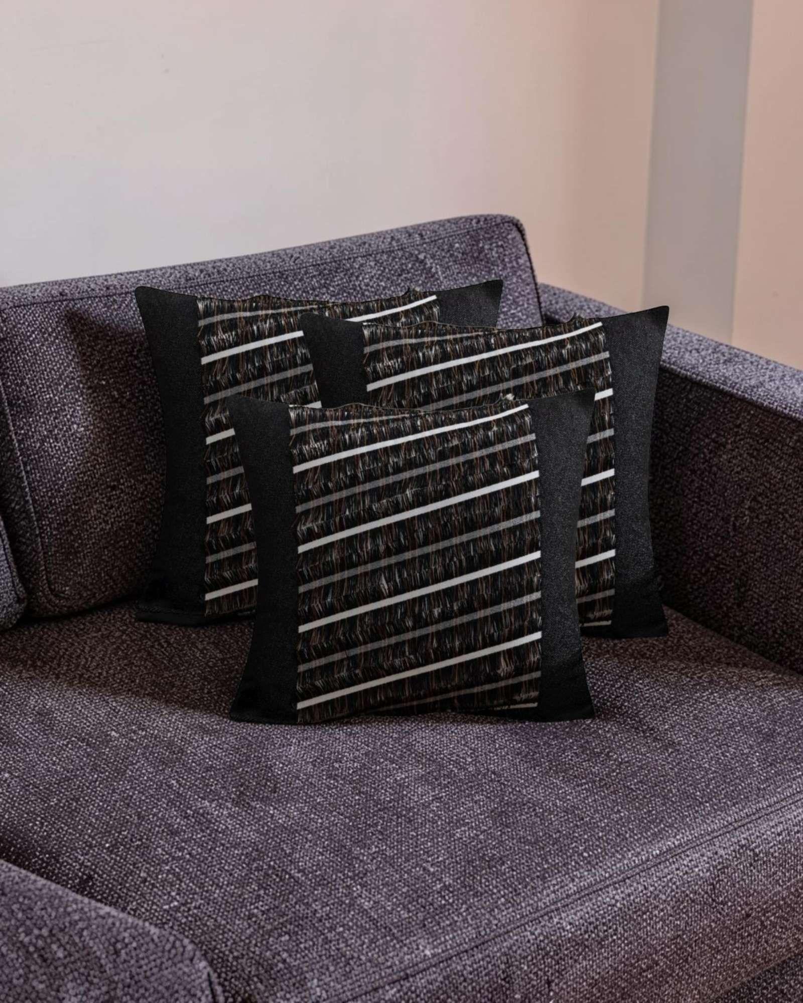 SET DE 3 FUNDAS DE COJIN CHENILLE CON FLECOS NEGRO-2