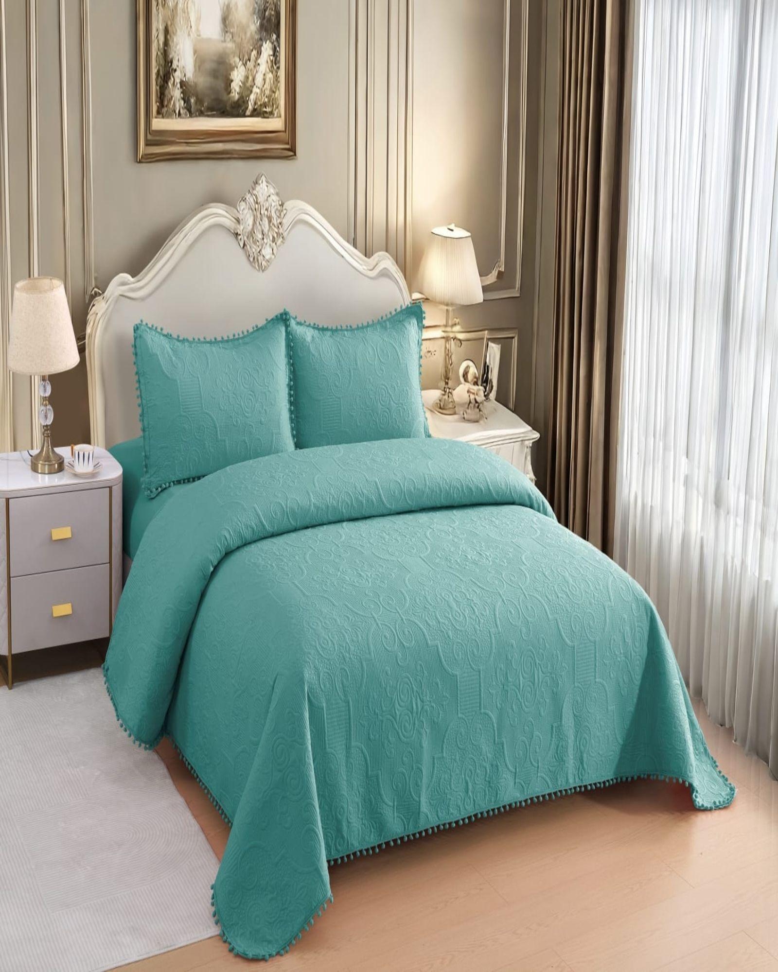 CUBRECAMA QUILT DE VERANO 1,5 PLAZAS CON POMPON COLOR TURQUESA-3