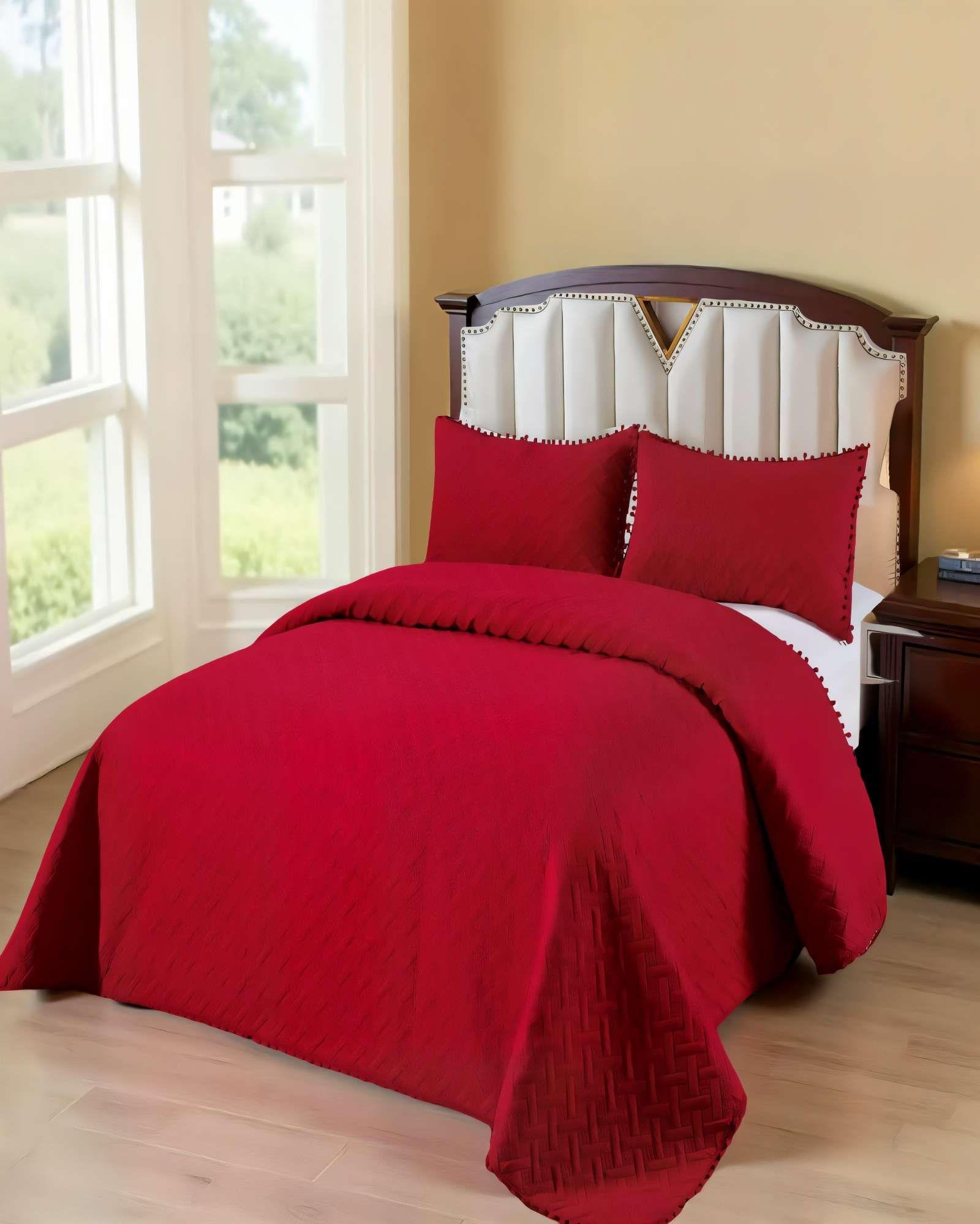 CUBRECAMA DE VERANO UNICOLOR CON POMPON 2P COLOR ROJO -2