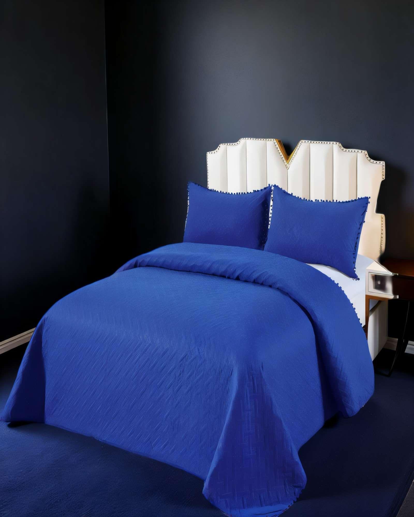 CUBRECAMA DE VERANO UNICOLOR CON POMPON 2P COLOR AZUL OSCURO-2
