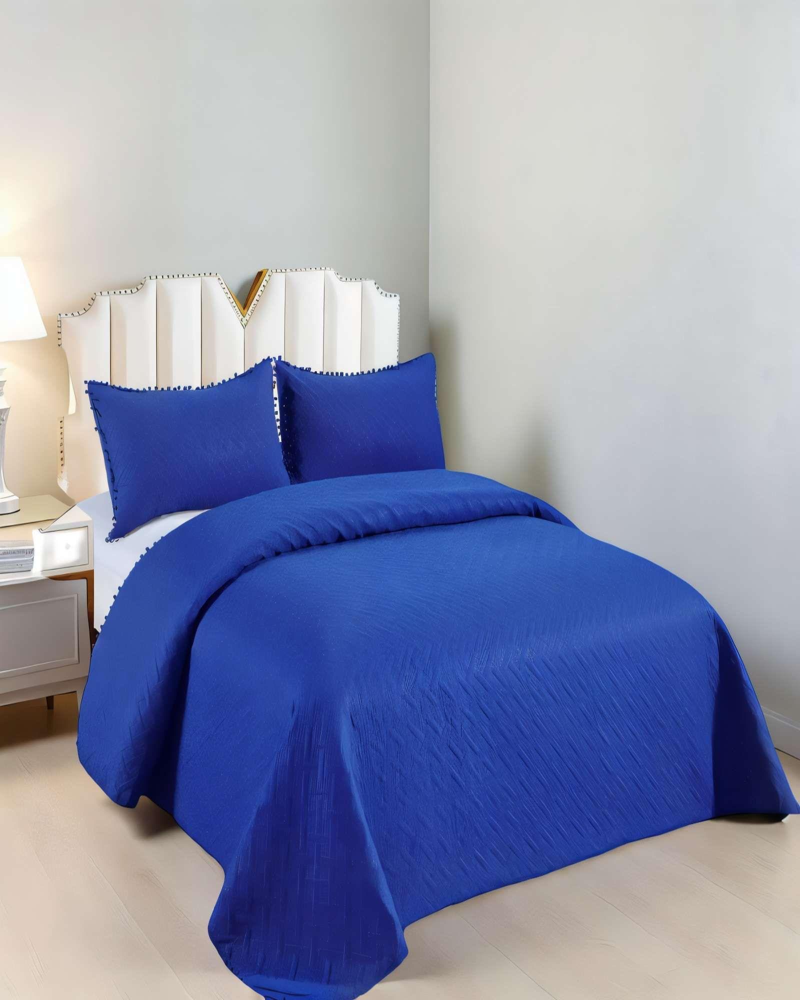 CUBRECAMA DE VERANO UNICOLOR CON POMPON 2P COLOR AZUL OSCURO-3