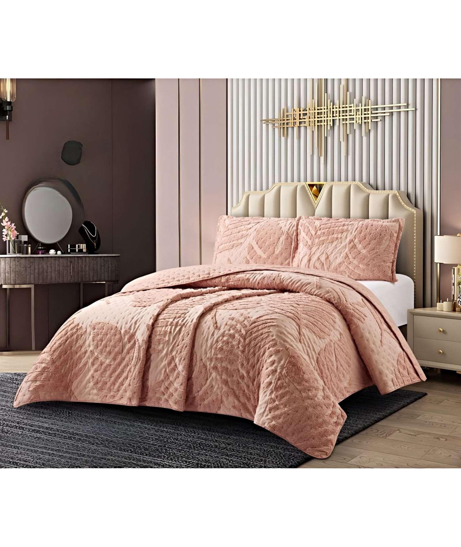 CUBRECAMA QUILT CON DISEÑO HOJA RELIEVE PLAZA Y MEDIA ROSADO-3