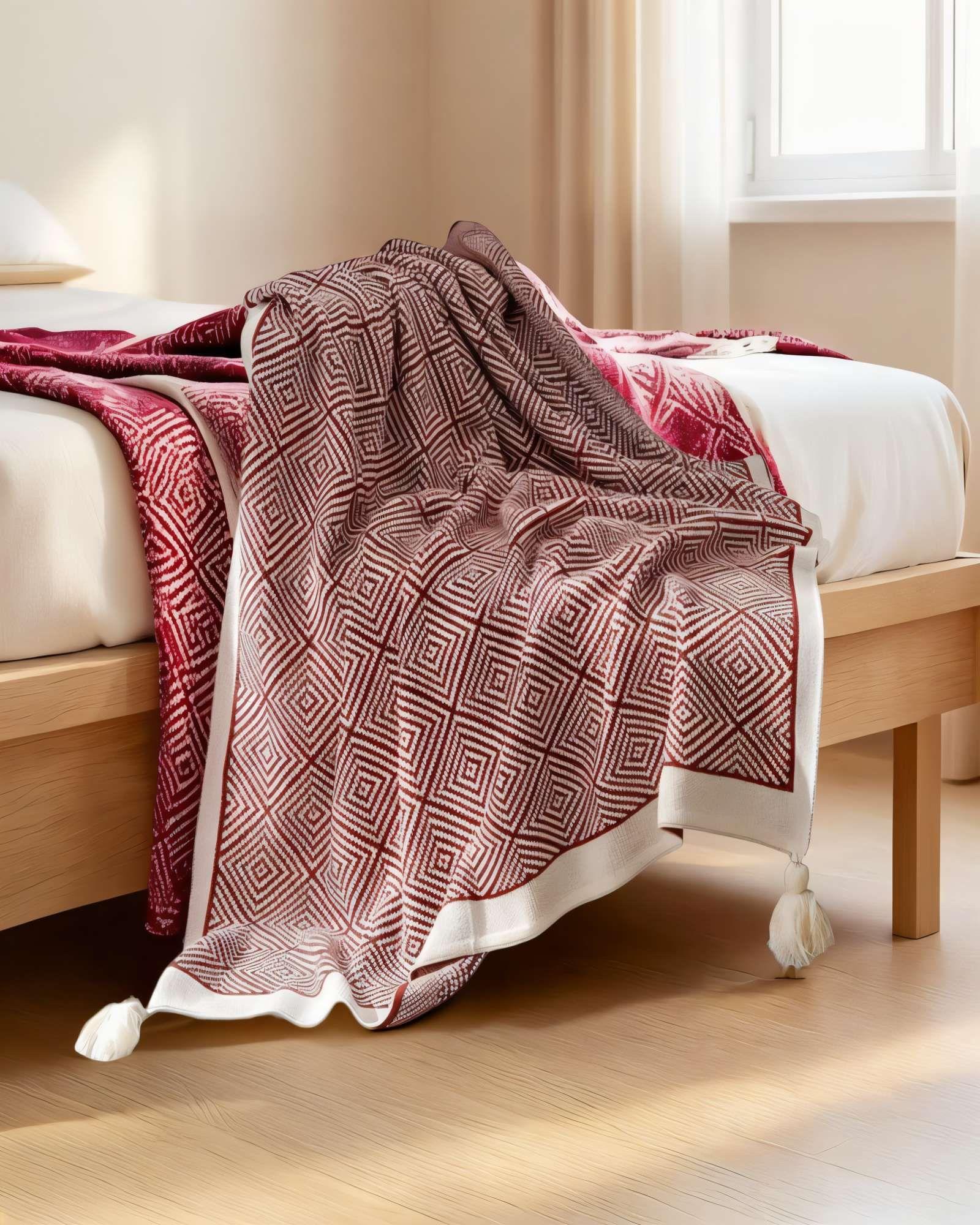 MANTA DECORATIVA CON BORLAS Y ESTAMPADO GEOMETRICO DE ROMBO COLOR BURDEO-3