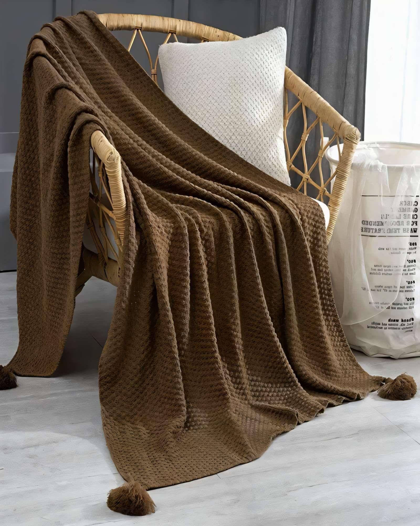MANTA DE SOFÁ CON FLECOS DE SOGA COLOR MARRÓN-2