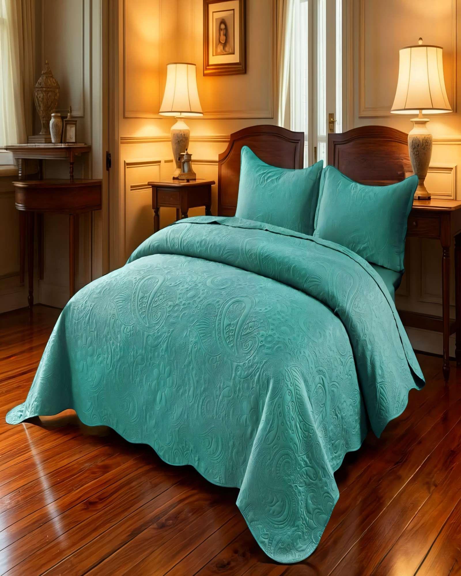 CUBRECAMA QUILT DE VERANO 2 PLAZAS CON RELIEVE COLOR TURQUESA-2