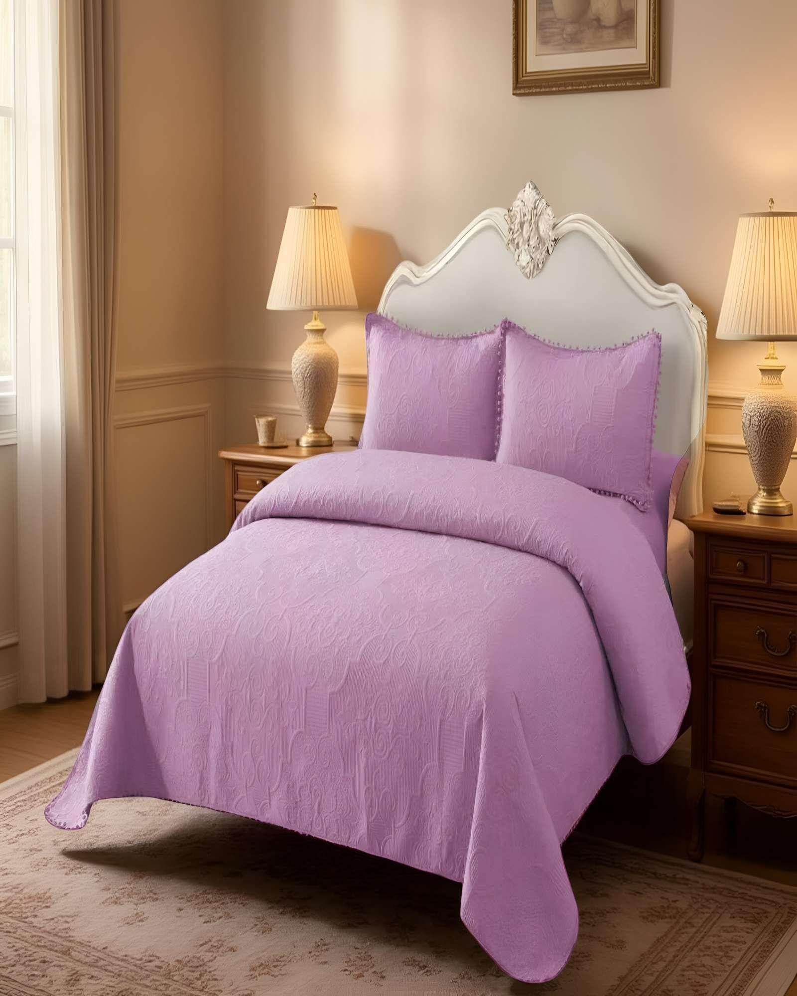CUBRECAMA QUILT DE VERANO KING CON POMPON COLOR MORADO-2
