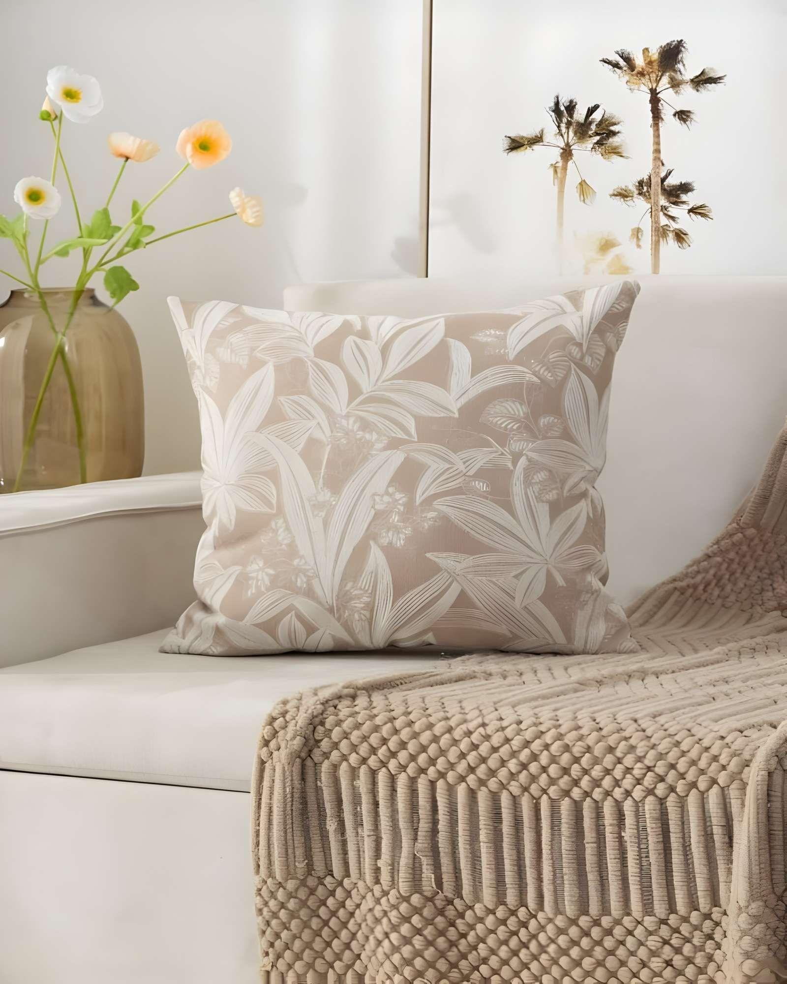 SET DE 2 FUNDAS PELUDAS DE HOJAS 45X45 BEIGE-2