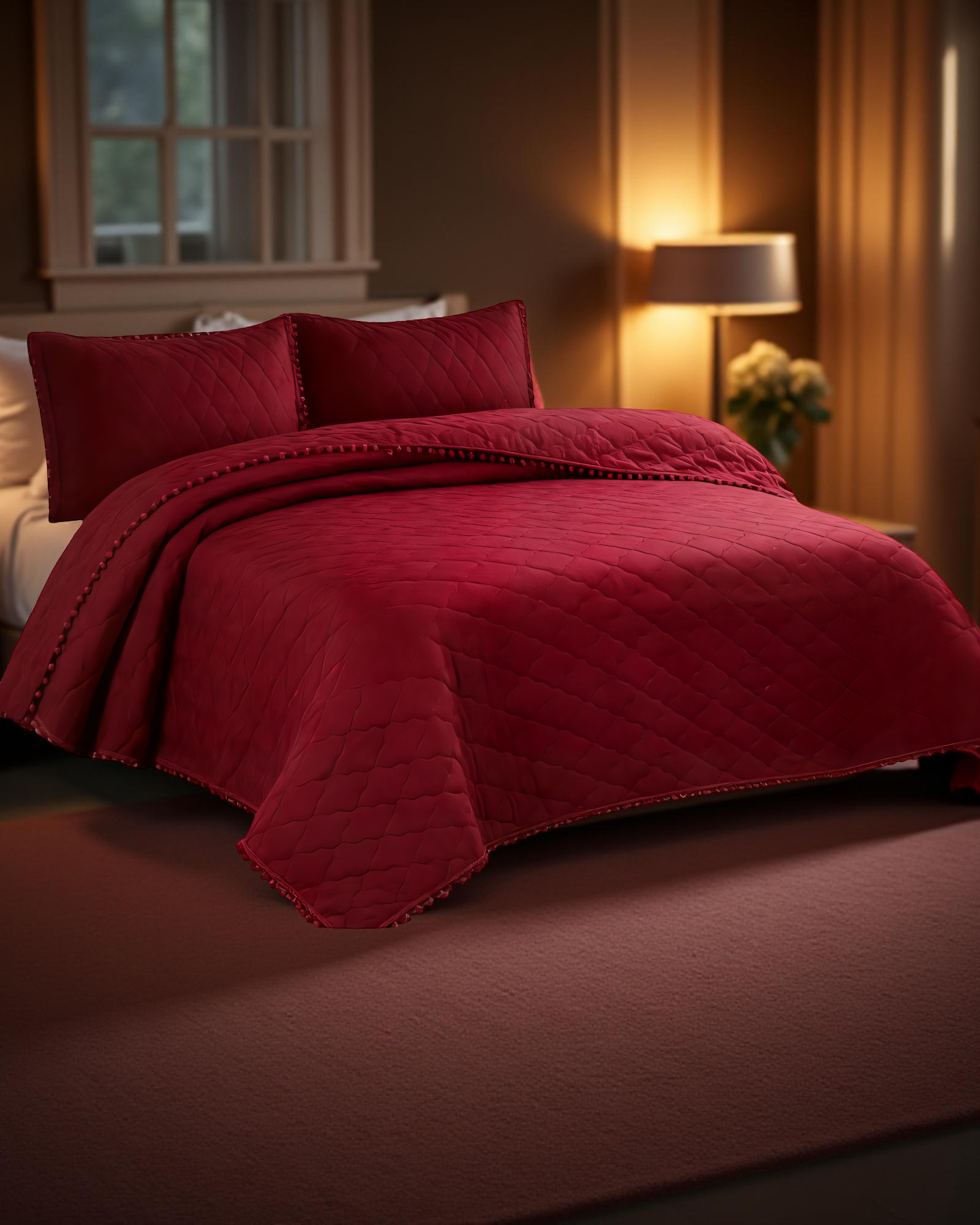 CUBRECAMA CON DETALLES DE POMPONES 1,5 PLAZA COLOR ROJO-2