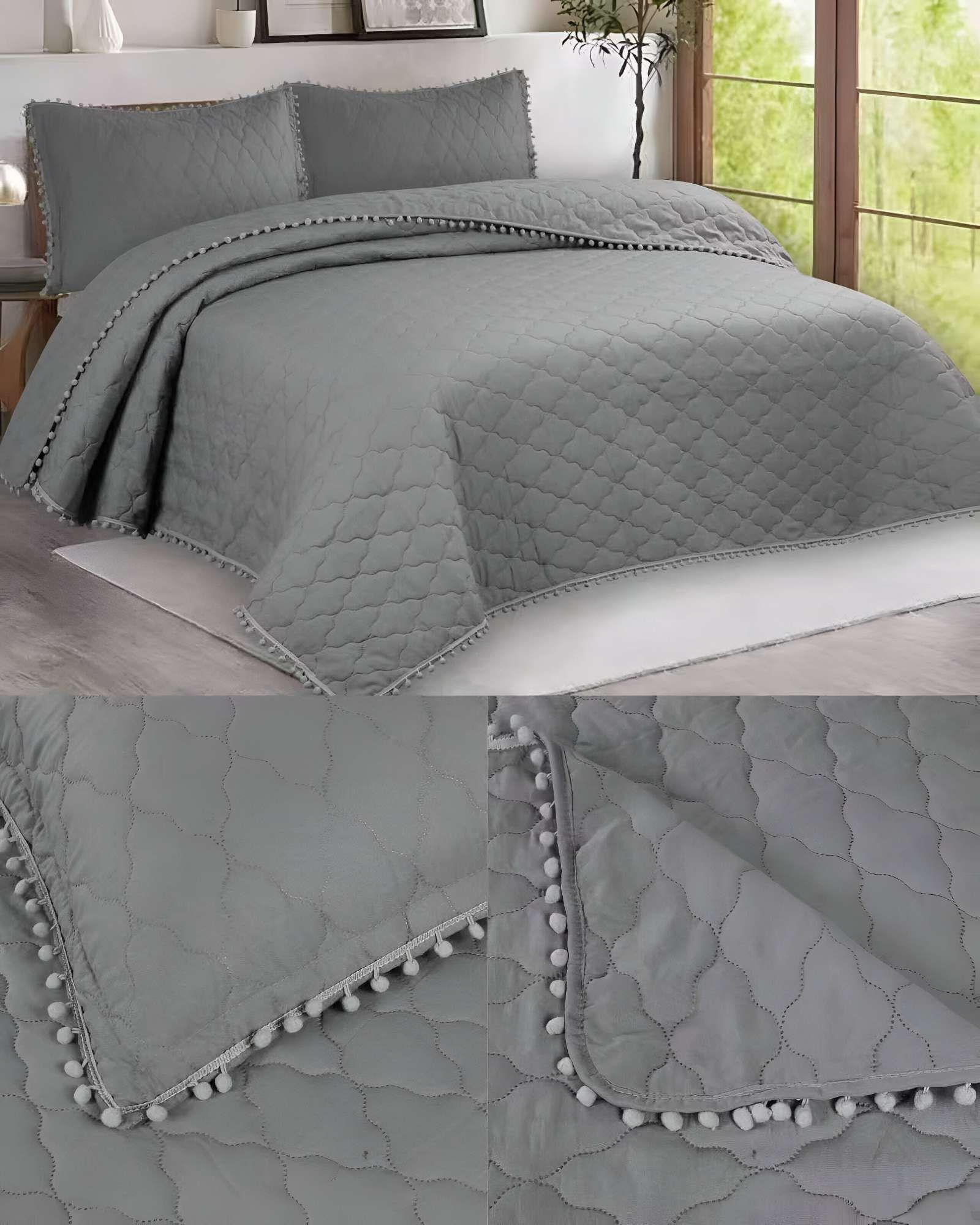 CUBRECAMA CON DETALLES DE POMPONES 2 PLAZAS COLOR GRIS-3