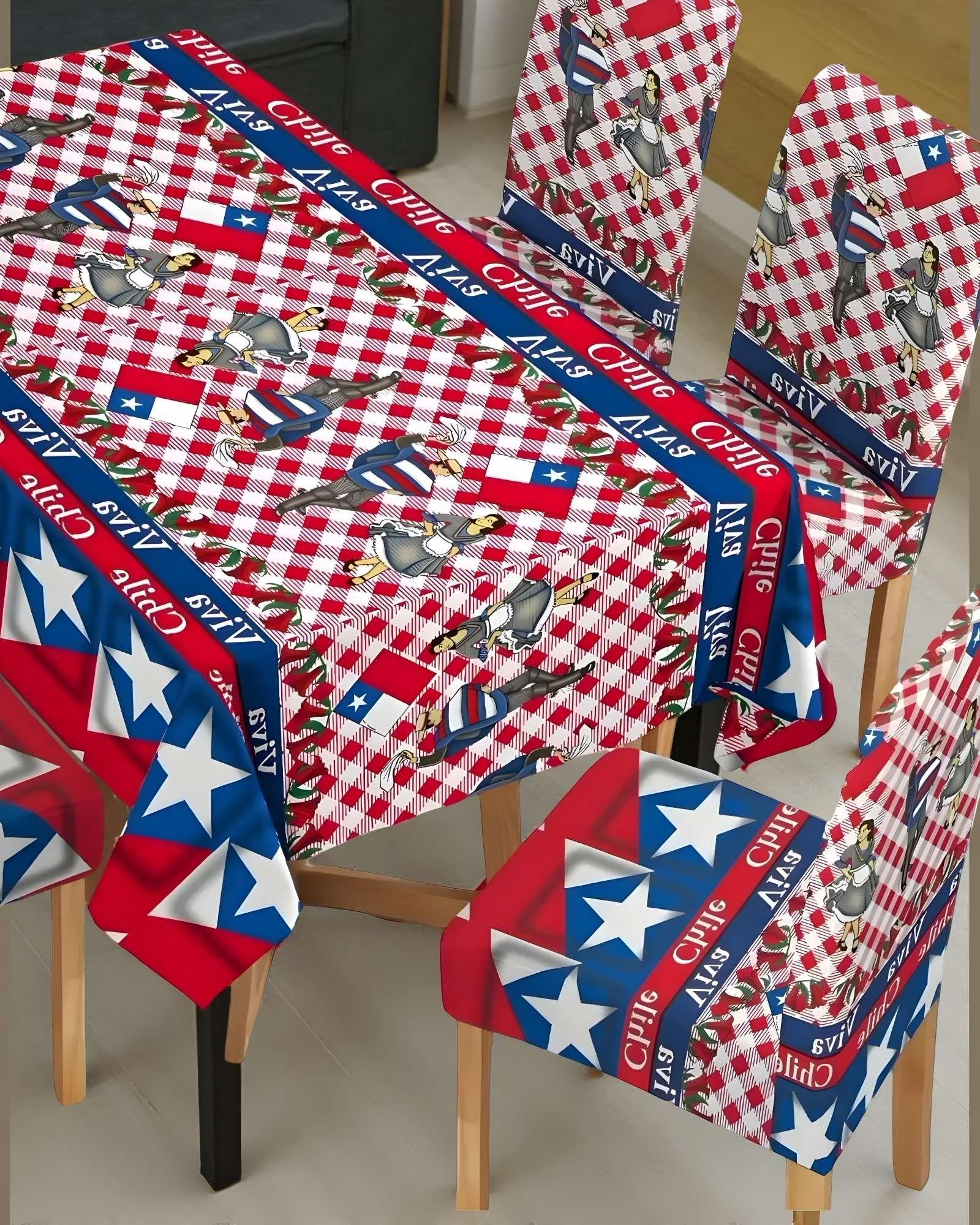 MANTEL FIESTAS PATRIAS DE TELA CON FUNDAS DE SILLAS ELASTICADAS M4-2