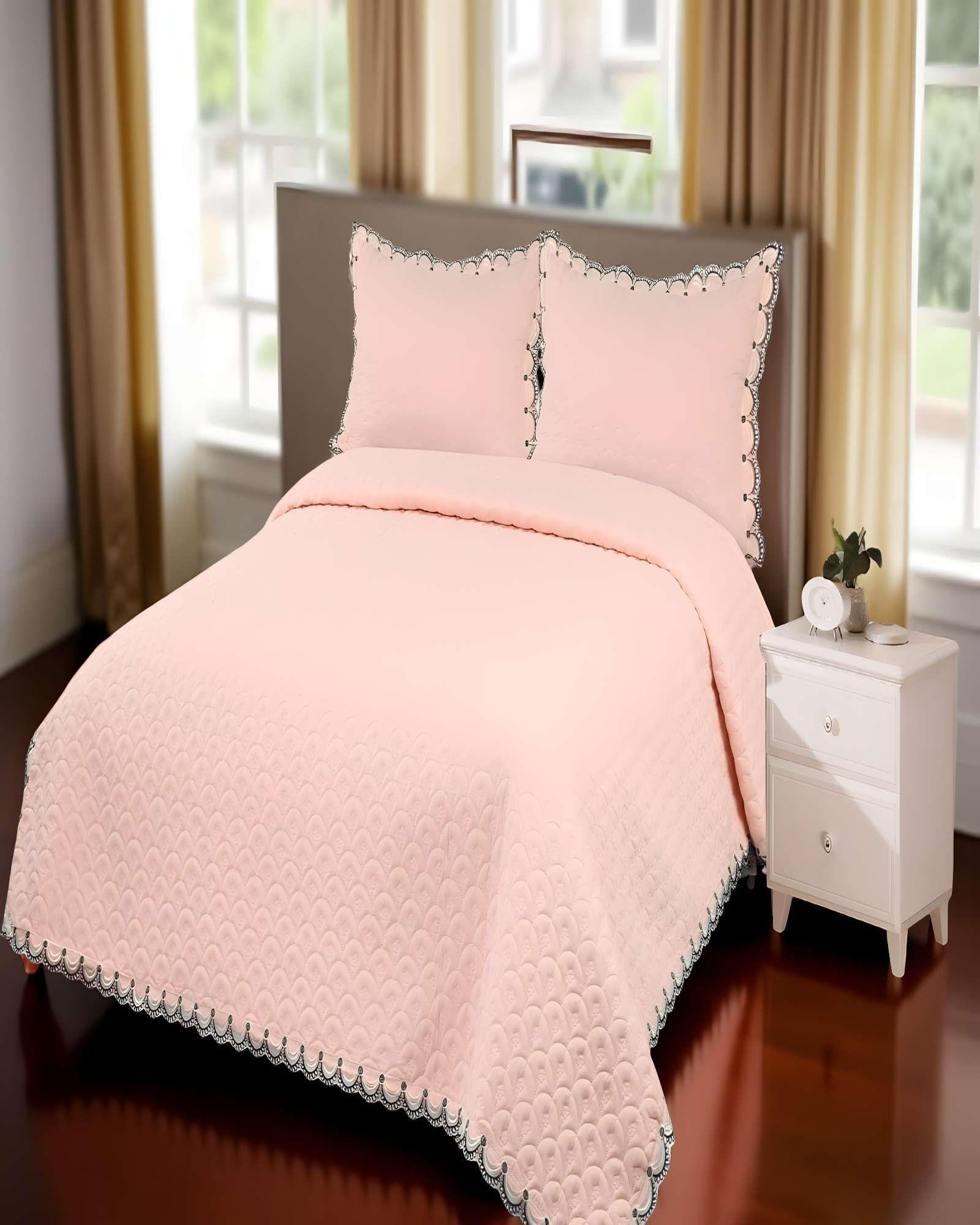 CUBRECAMA QUILT DE VERANO BORDADO 2 PLAZAS BEIGE-2