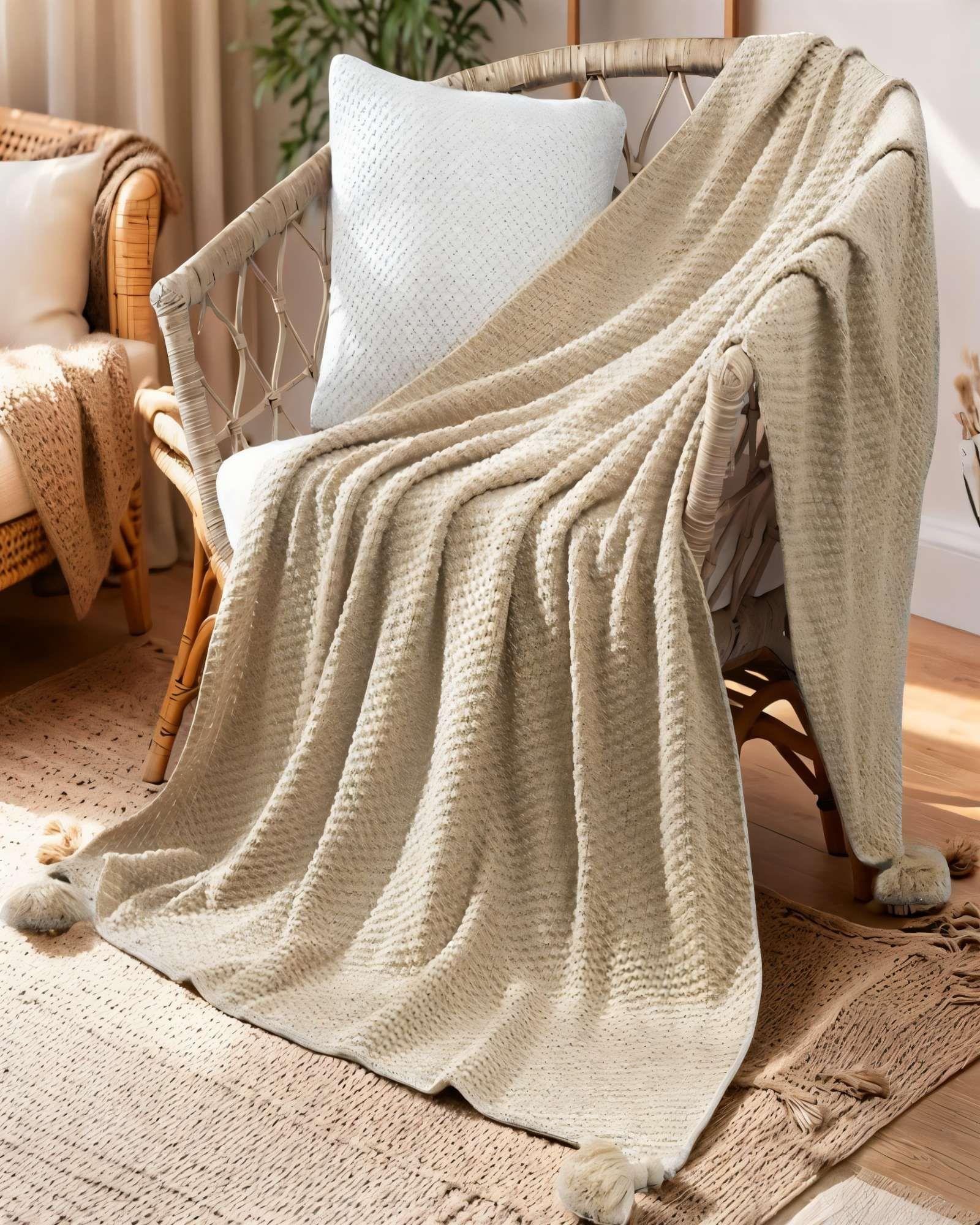 MANTA DE SOFÁ CON FLECOS DE SOGA COLOR BEIGE -3