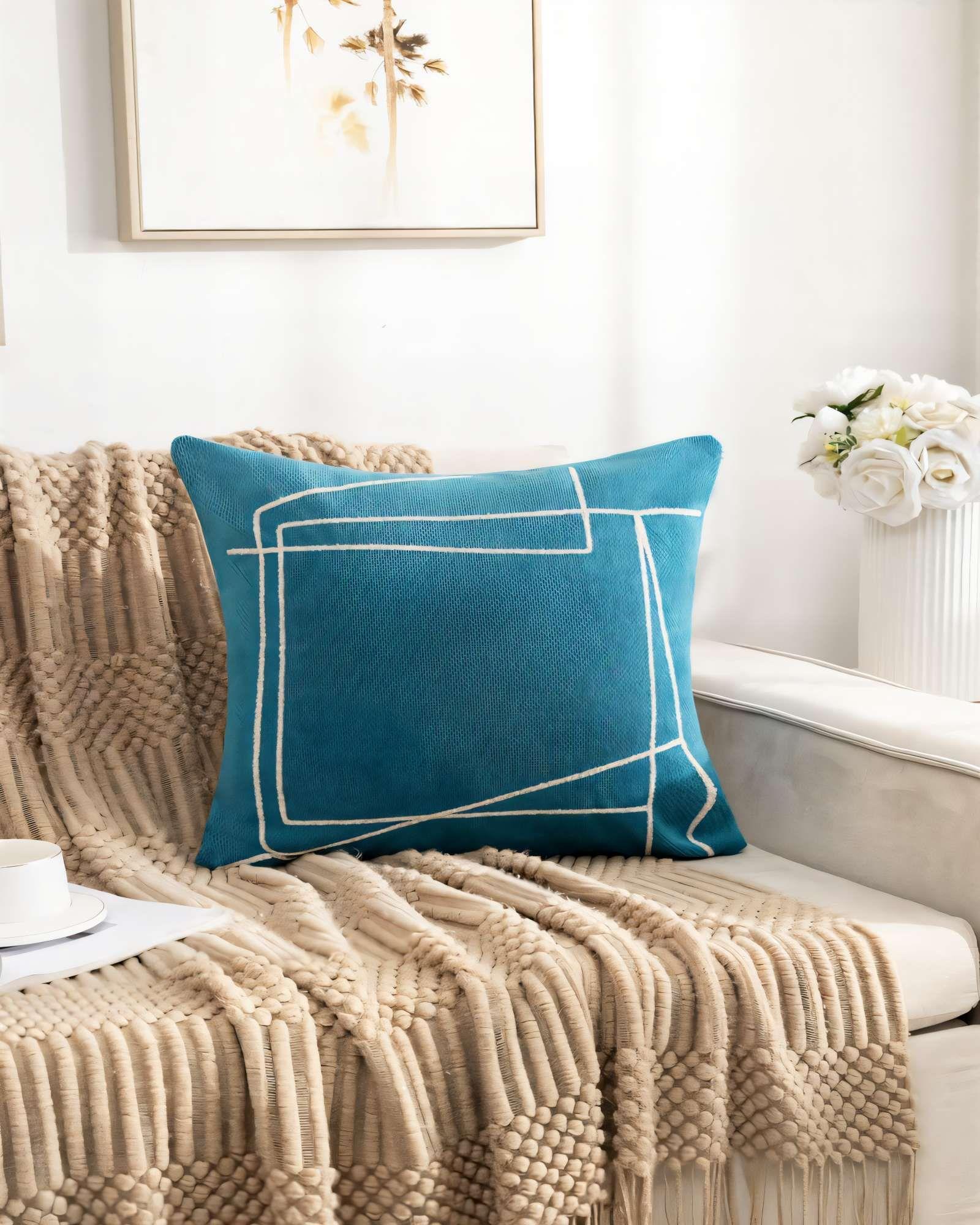 PACK DE 2 FUNDAS DE COJIN 45CMX45CM BORDADO DE LINEA COLOR AZUL-3