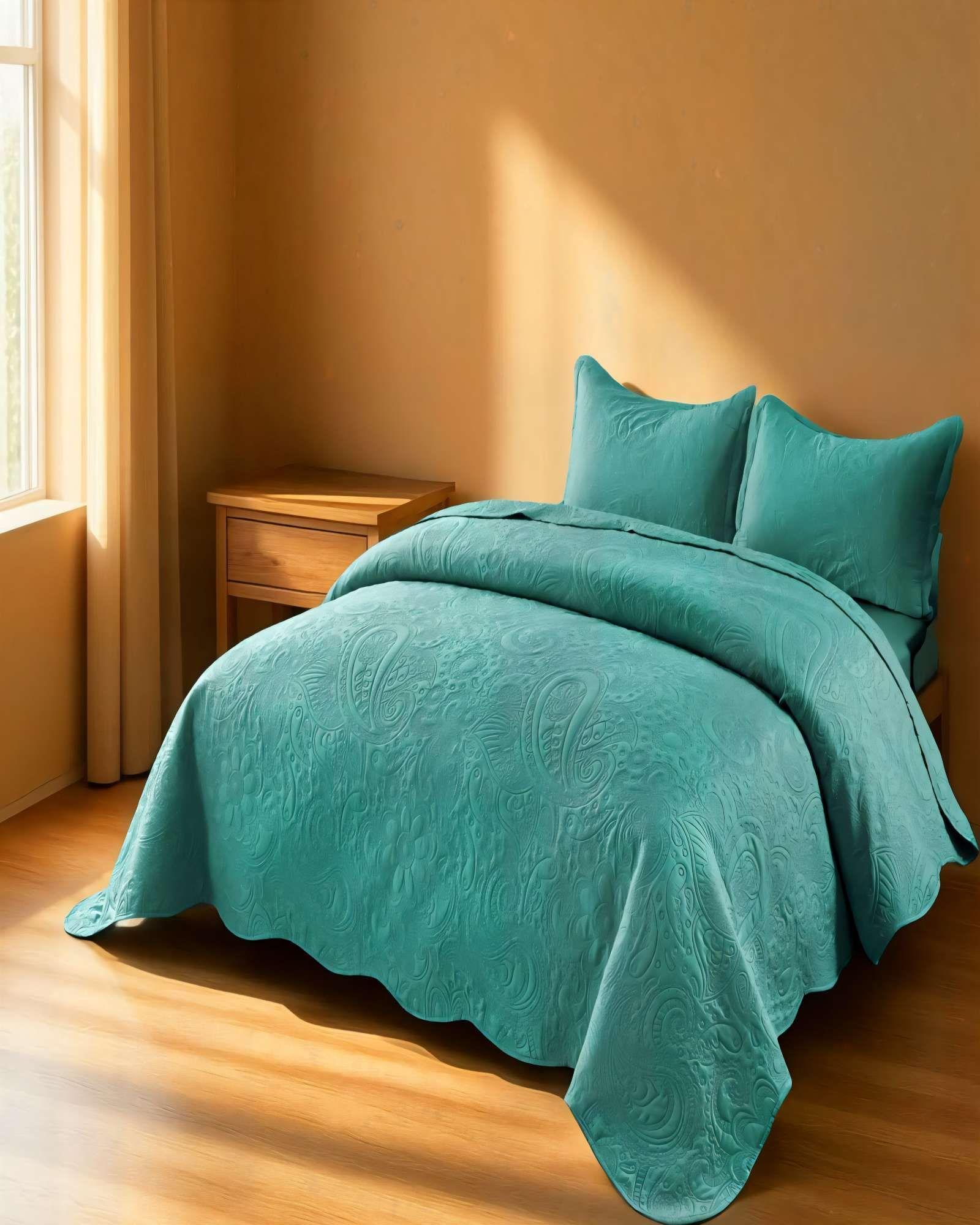 CUBRECAMA QUILT DE VERANO 1,5 PLAZAS CON RELIEVE COLOR VERDE-3