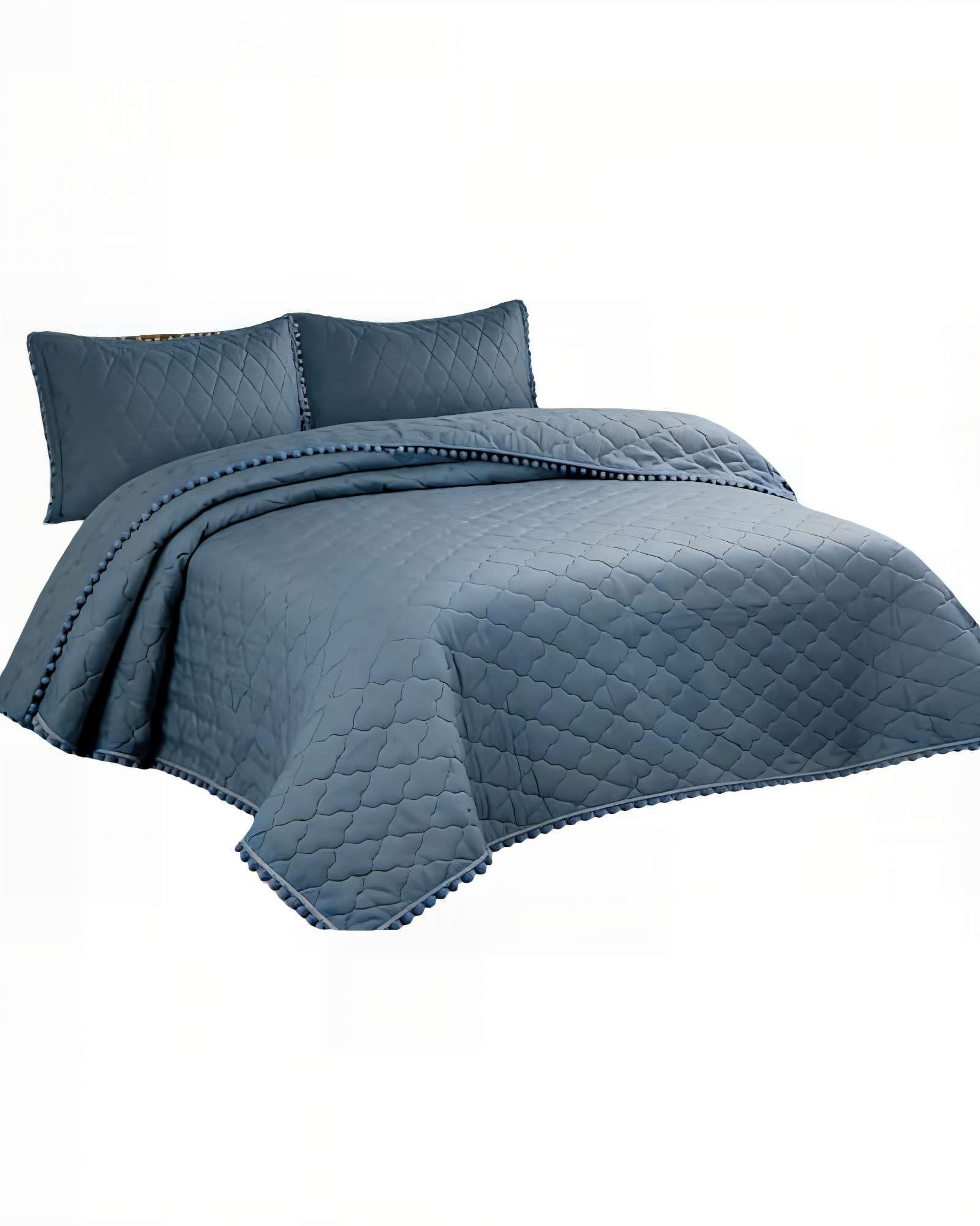 CUBRECAMA CON DETALLES DE POMPONES 1,5 PLAZA COLOR AZUL-0