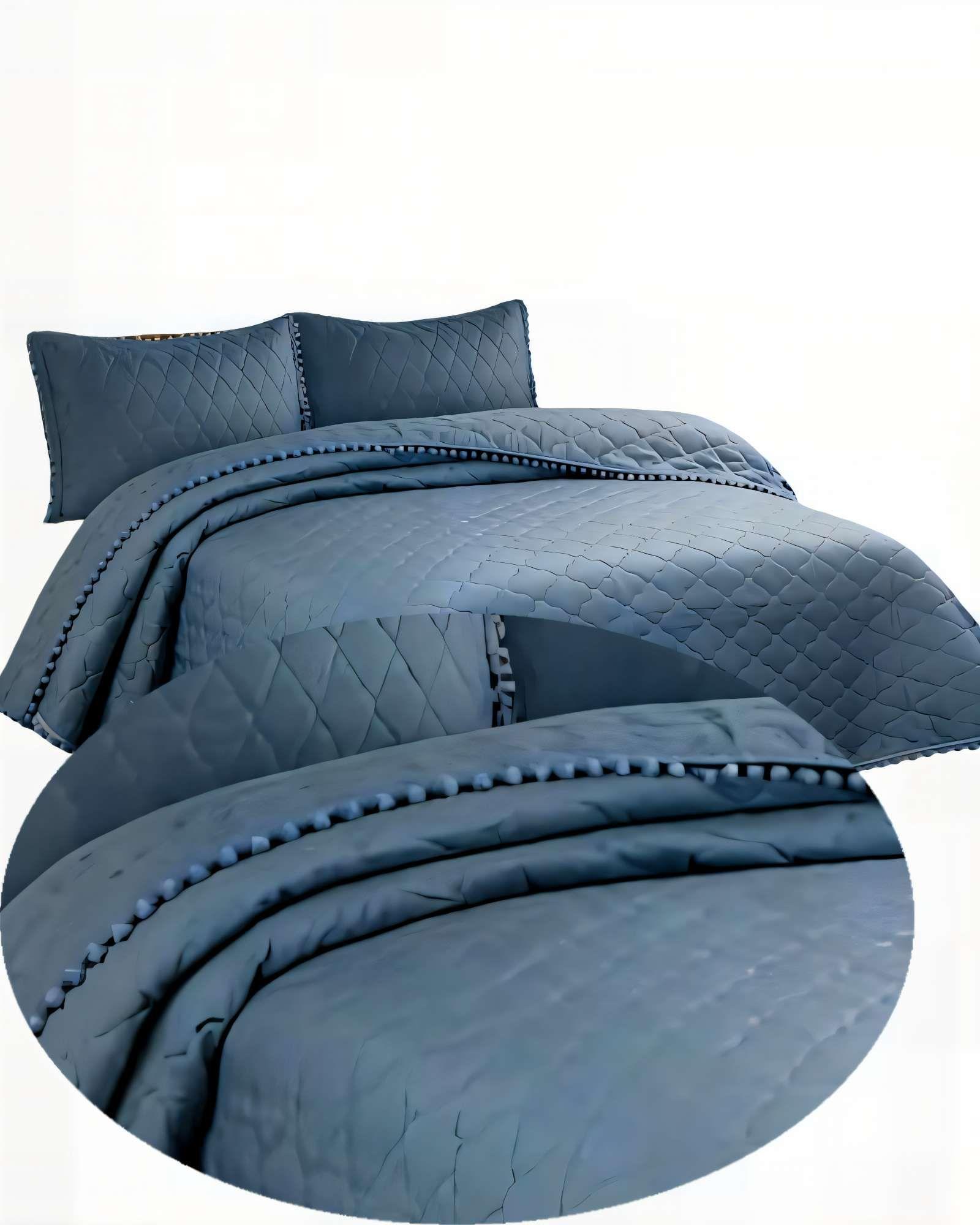 CUBRECAMA CON DETALLES DE POMPONES 1,5 PLAZA COLOR AZUL-1