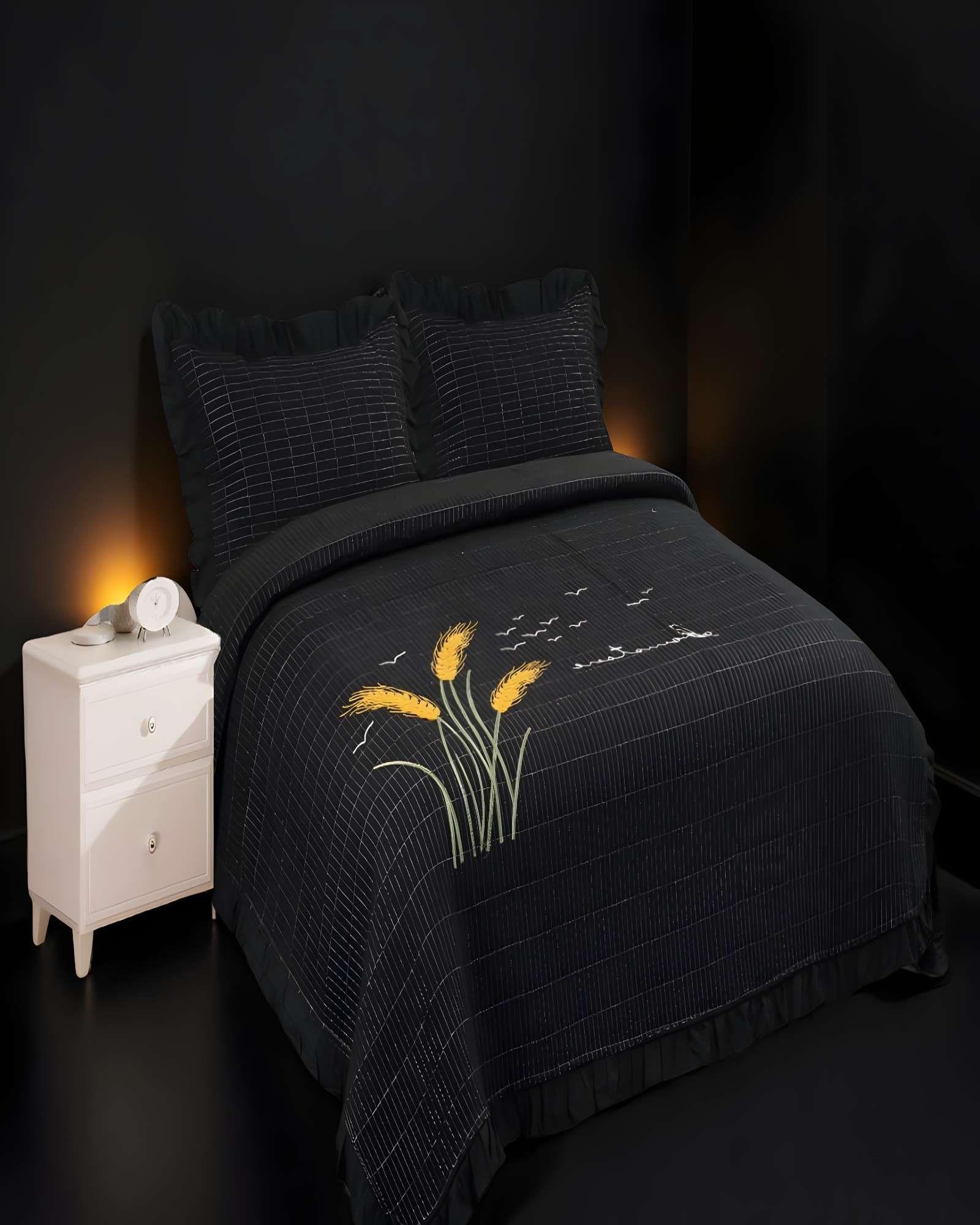 CUBRECAMA QUILT DE VERANO CON FLORES BORDADAS 2 PLAZAS NEGRO 2-3