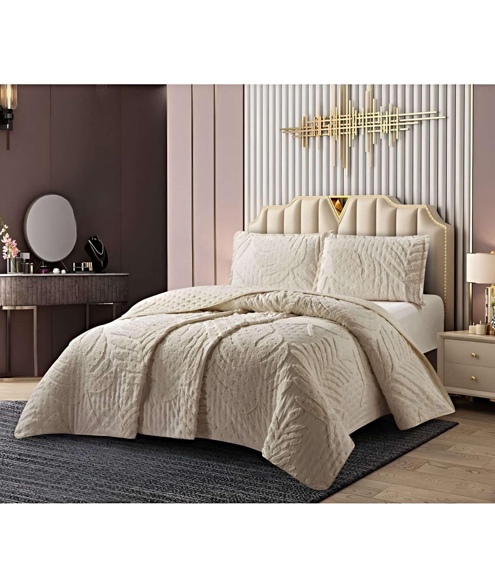 CUBRECAMA QUILT CON DISEÑO HOJA RELIEVE 2 PLAZAS BEIGE-3