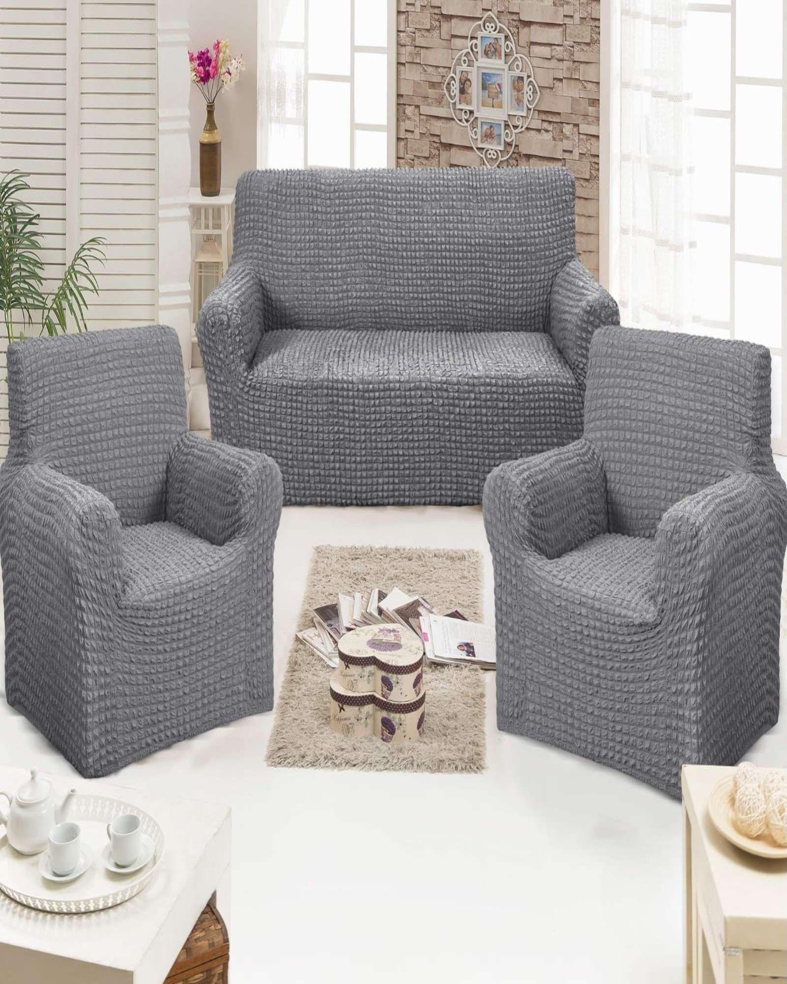 SET DE FUNDAS DE SOFA 3+1+1 - DISEÑO CUADRILLE GRIS-3