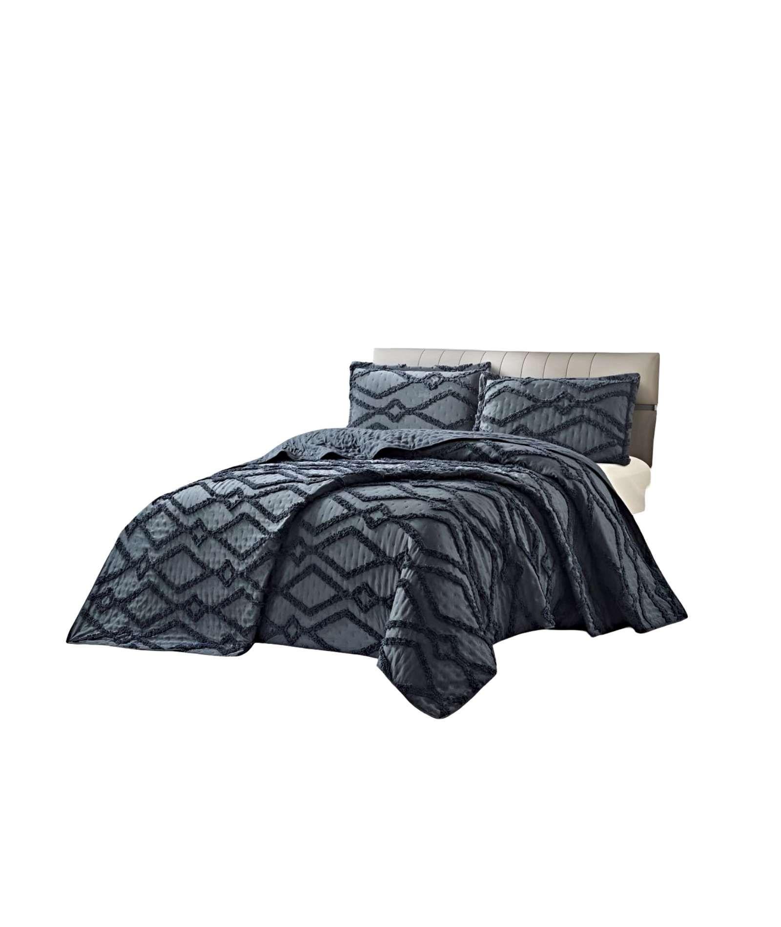 CUBRECAMA QUILT CON DISEÑO GEOMETRICO RELIEVE PLAZA Y MEDIA NEGRO-1