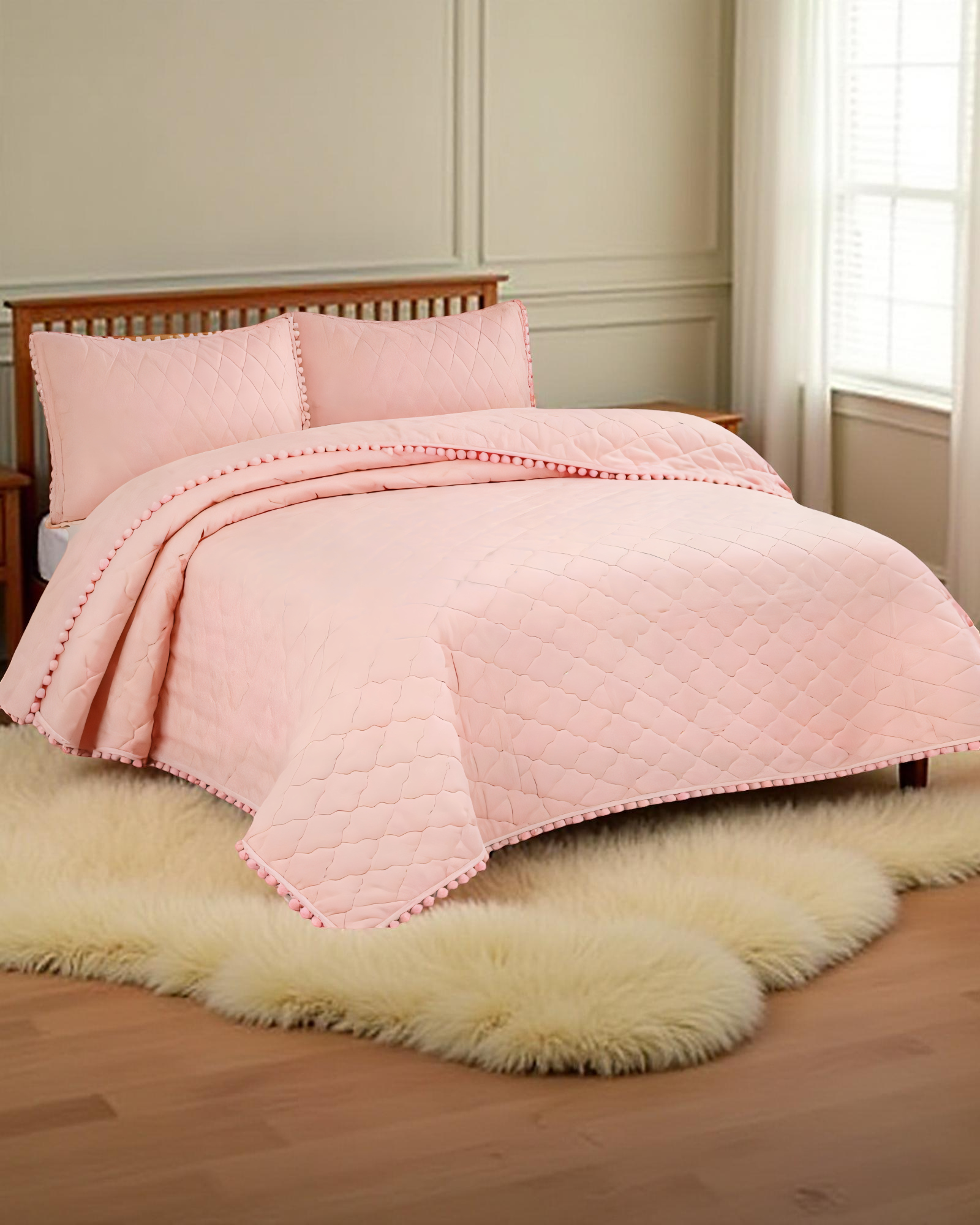 CUBRECAMA CON DETALLES DE POMPONES 1,5 PLAZA COLOR ROSADO-2