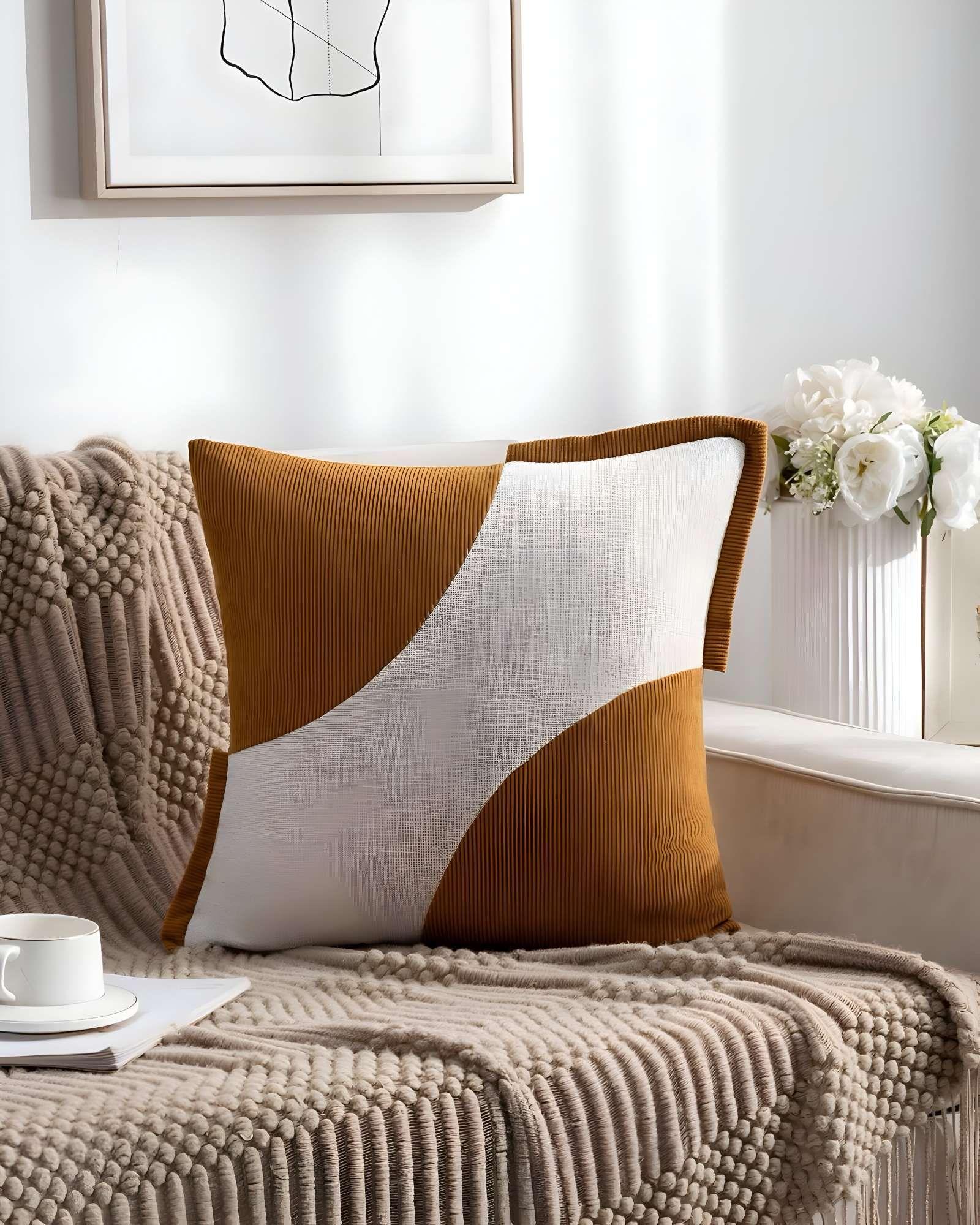 PACK DE 4 FUNDAS DE COJINES DISEÑO TELA PANA EMPALMADO 45CM X 45 CM NARANJA-3