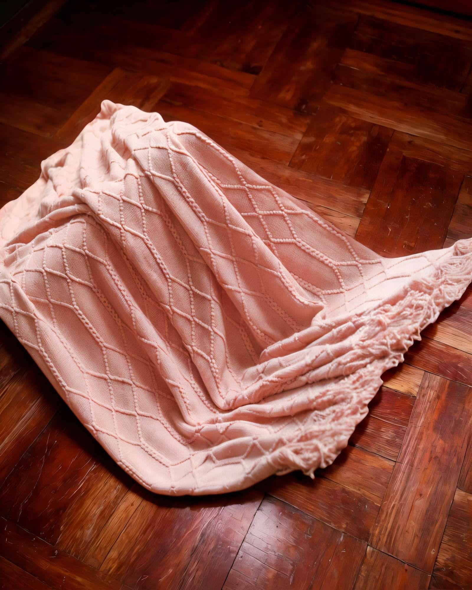 MANTA DECORATIVA CON FLECOS Y TEJIDO DE ROMBOS EN RELIEVE COLOR ROSADO-3