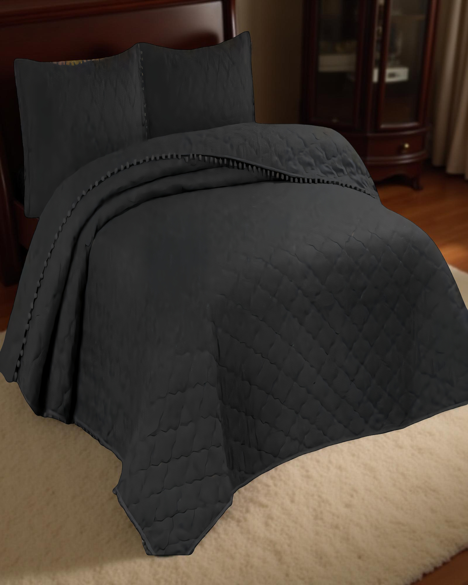 CUBRECAMA CON DETALLES DE POMPONES 1,5 PLAZA COLOR NEGRO-2