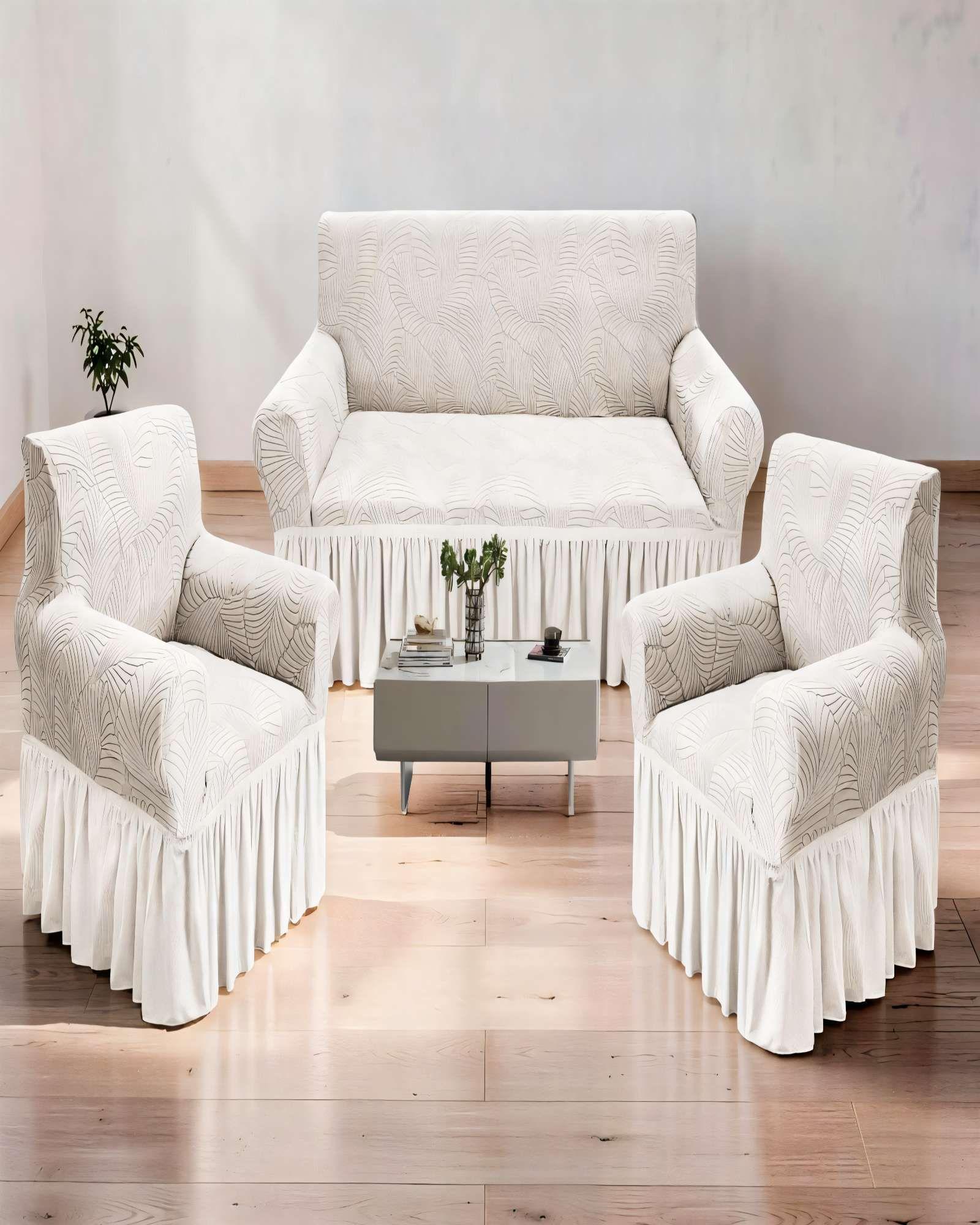 SET DE FUNDAS DE SOFA 3+1+1 CON DISEÑO EN FORMA DE HOJA CON VELO 3-1-1 COLOR BLANCO-2