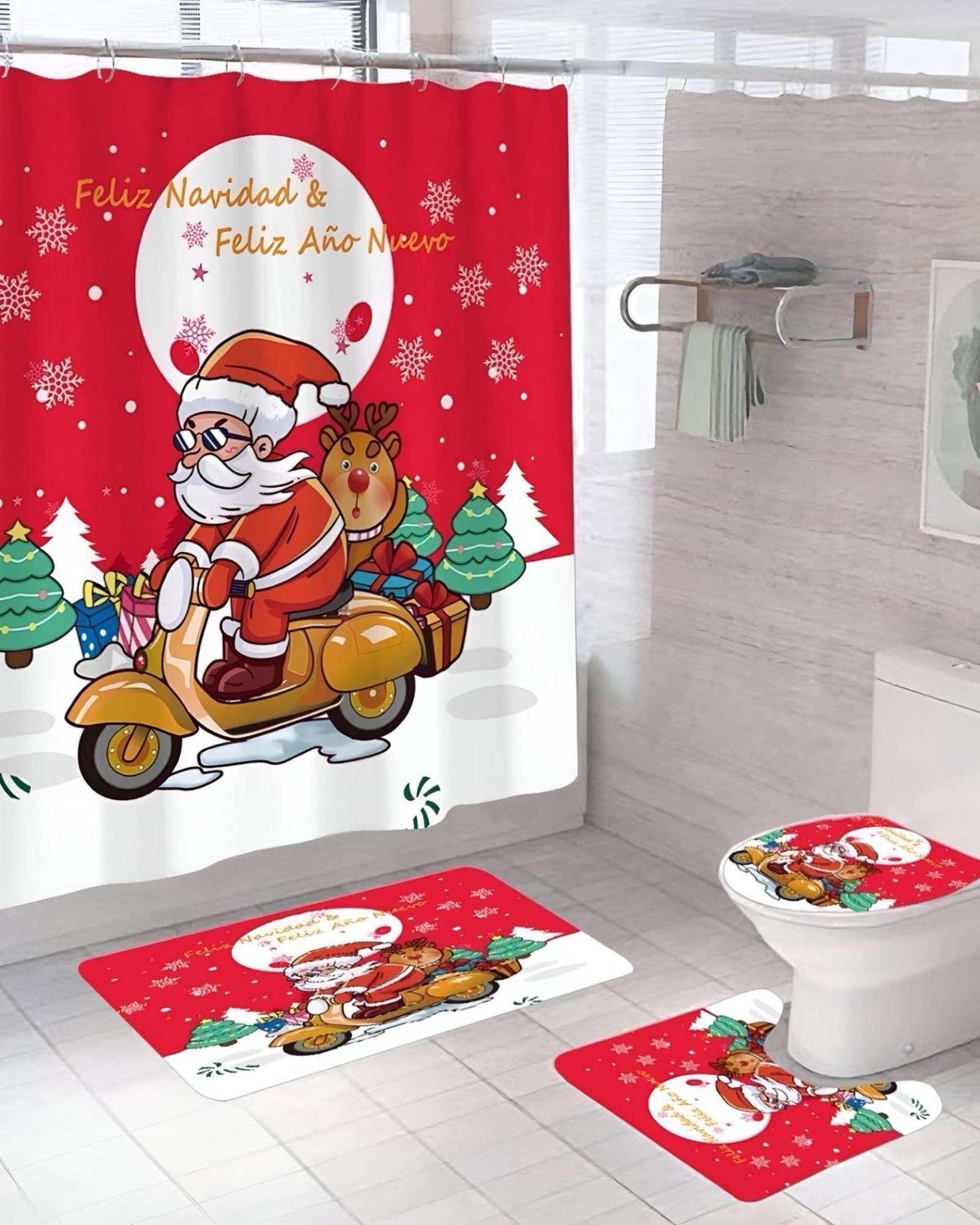 SET 4 PIEZAS CORTINA DE BAÑO Y ALFOMBRAS DISEÑO NAVIDEÑO TF01-2