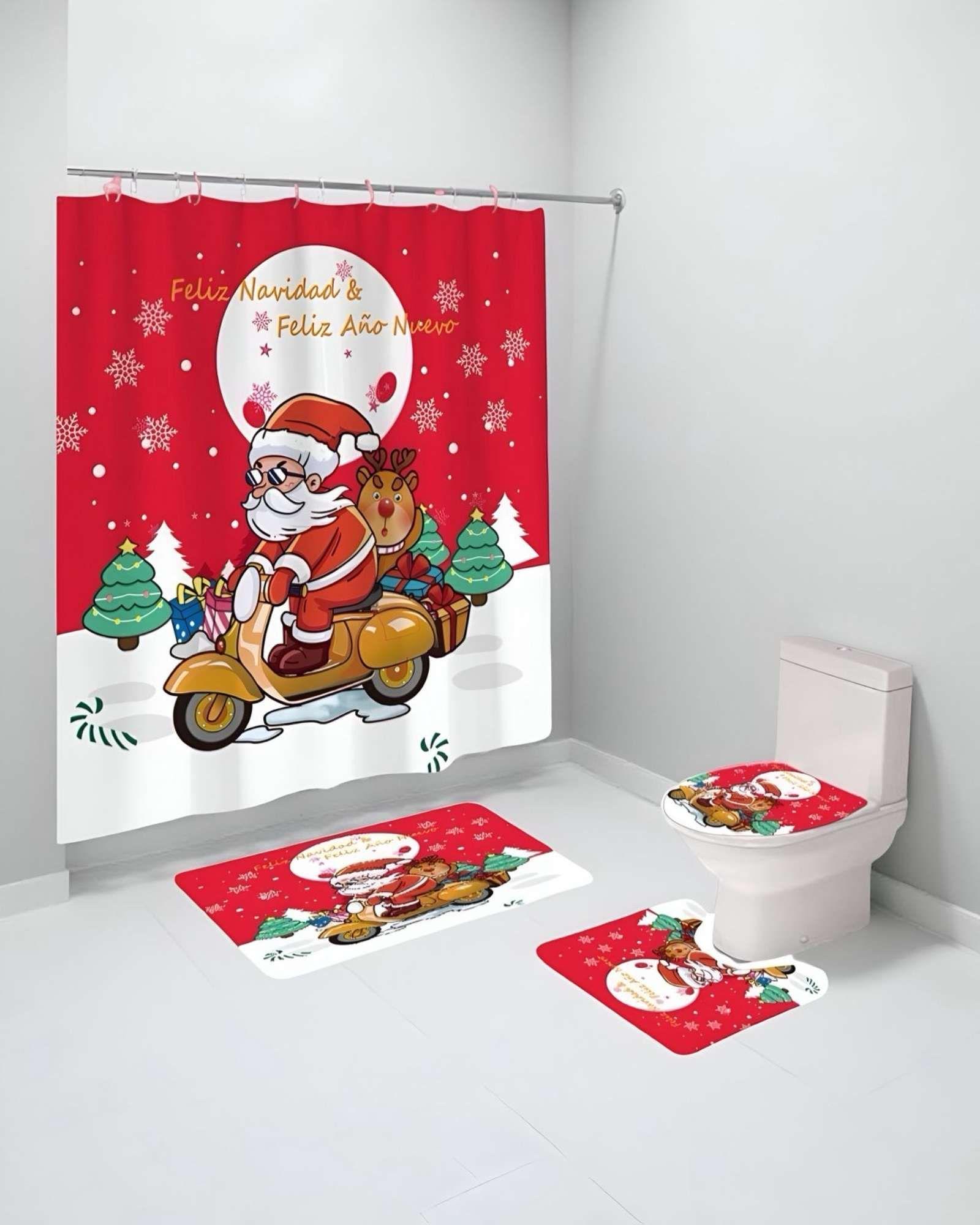 SET 4 PIEZAS CORTINA DE BAÑO Y ALFOMBRAS DISEÑO NAVIDEÑO TF01-3