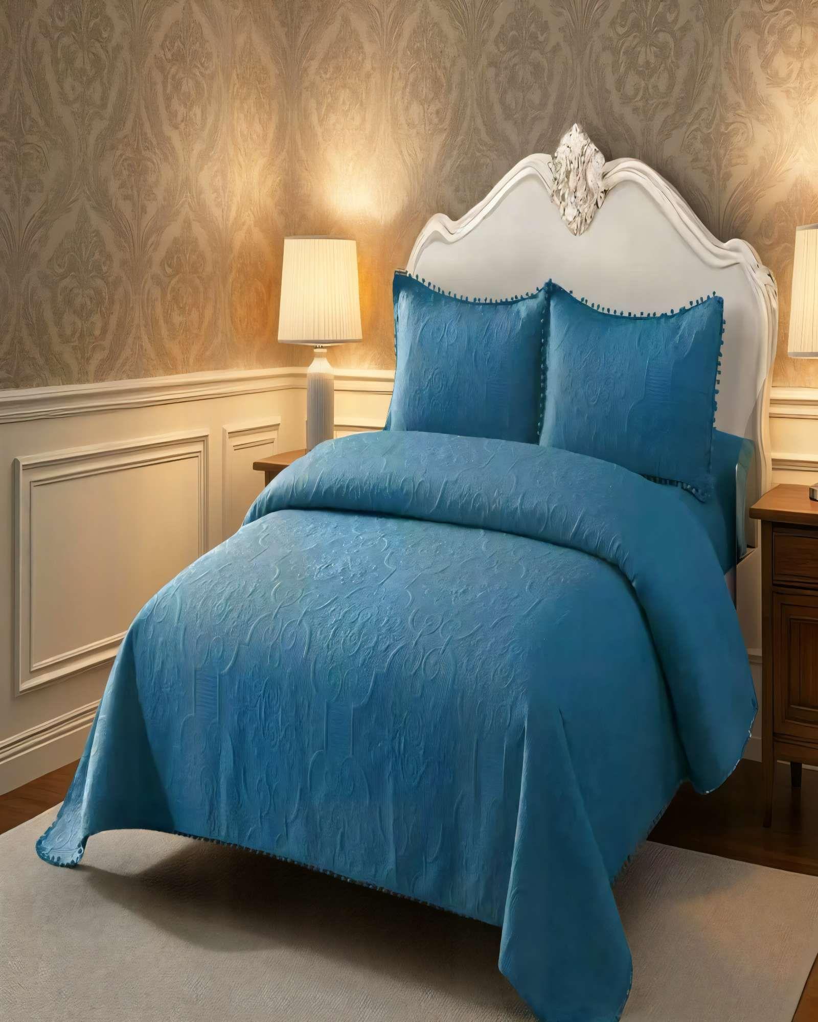 CUBRECAMA QUILT DE VERANO 1,5 PLAZAS CON POMPON COLOR AZUL -3