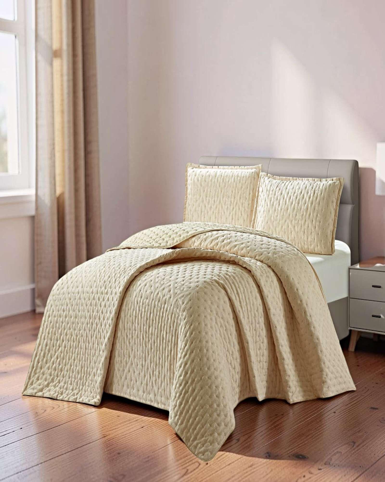 CUBRECAMA DELGADO SEMI ACOLCHADO PLAZA Y MEDIA 180X230 CM BEIGE 02-2