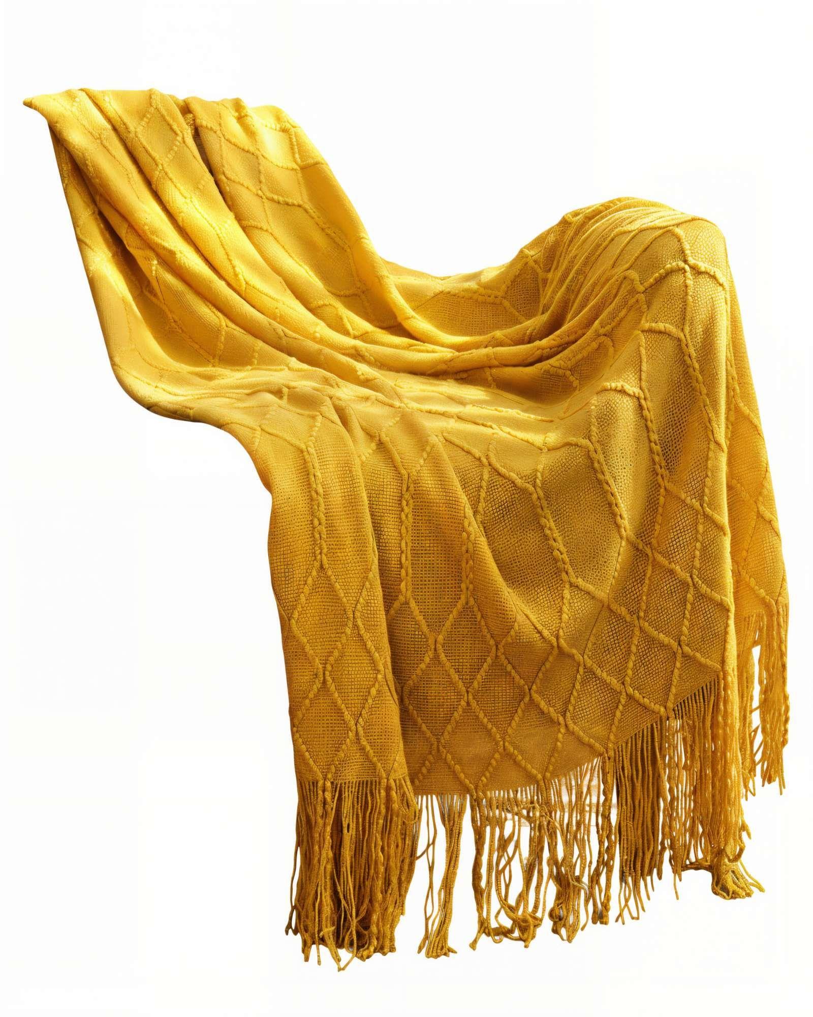 MANTA DECORATIVA CON FLECOS Y TEJIDO DE ROMBOS EN RELIEVE COLOR AMARILLO -0