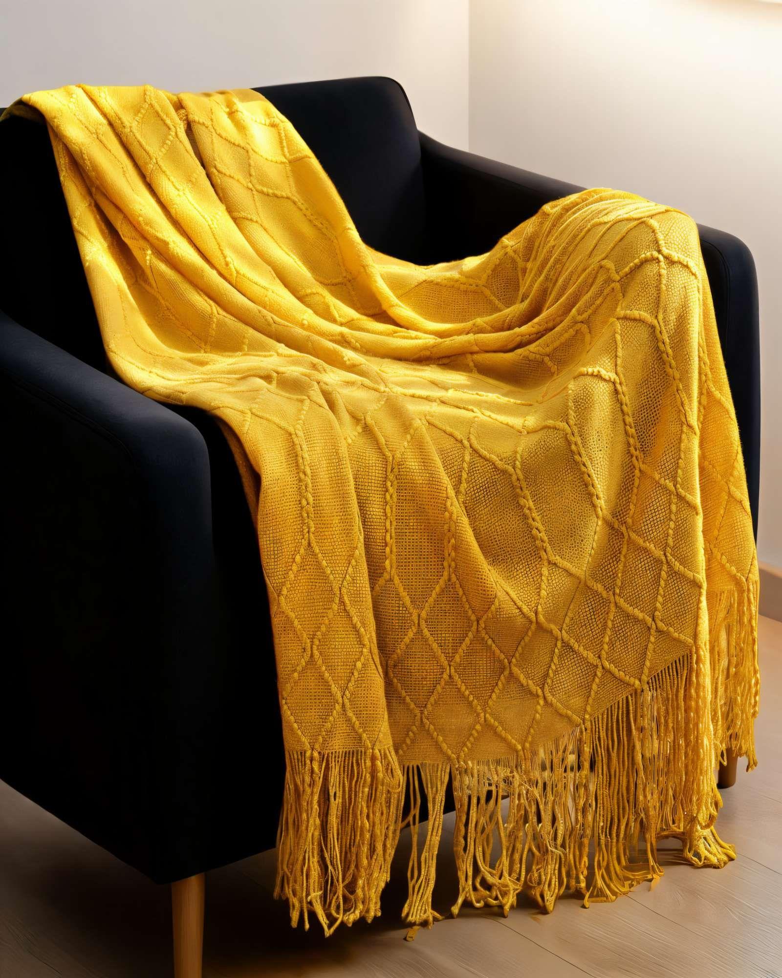 MANTA DECORATIVA CON FLECOS Y TEJIDO DE ROMBOS EN RELIEVE COLOR AMARILLO -2