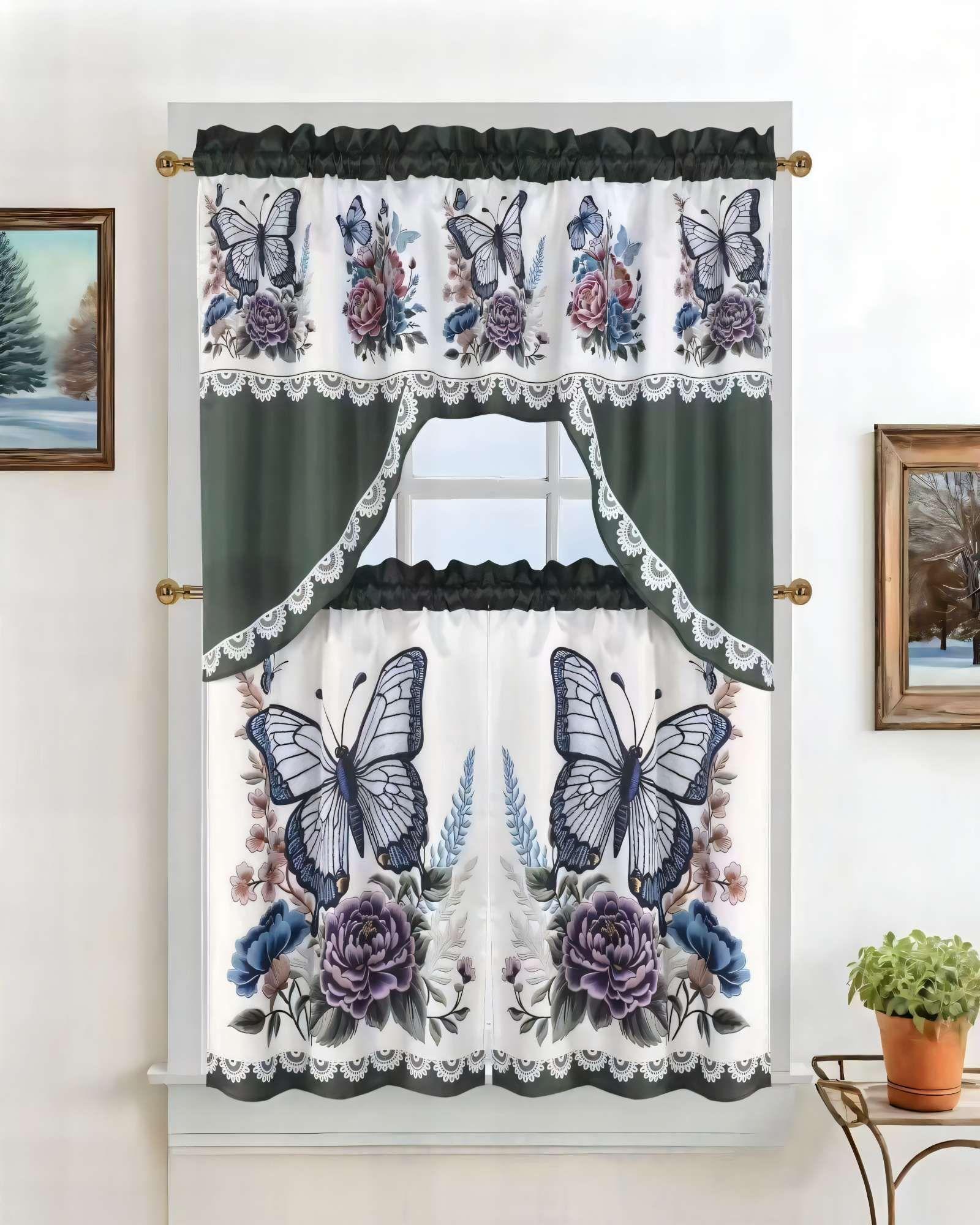 SET 3 PIEZAS CORTINA PARA COCINA CON DISEÑO COLOR BLANCO CON VERDE-2